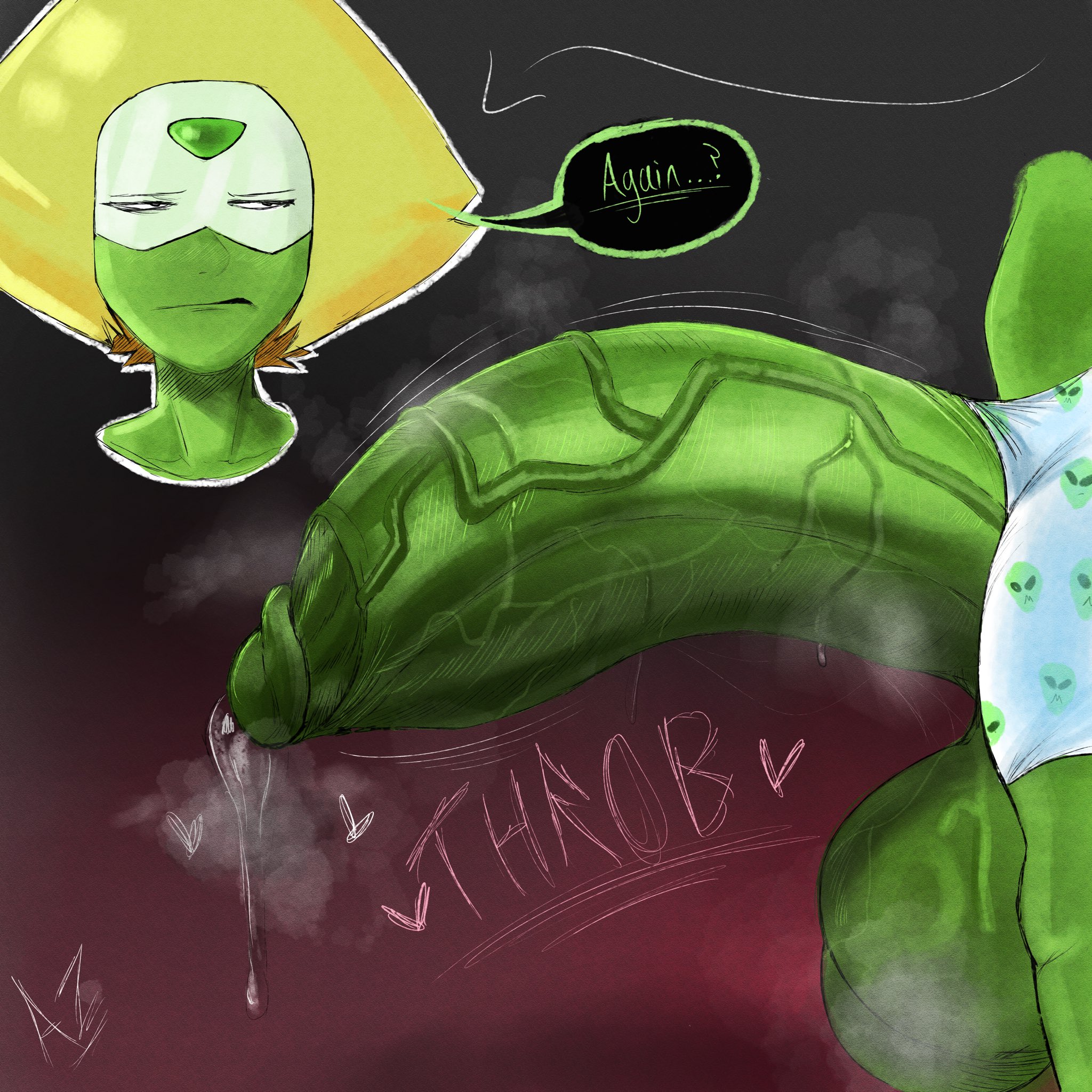 1futa, balls, big balls, big penis, blonde hair, breasts, cartoon network, clothed, clothing, darkazurensfw, dialogue, english text, erect penis, erection, focus on penis, futa only, futanari, gem (species), gigantic penis, green body, green skin, huge balls, huge cock, humanoid, hung bottom, hung futa, hyper, hyper balls, hyper penis, intersex, large penis, mostly nude, penis, peridot (steven universe), precum, precum drip, precum string, small but hung, solo, solo futa, standing, steam, steven universe, text, text box, thick thighs, thighs, throbbing penis, topless, wide hips