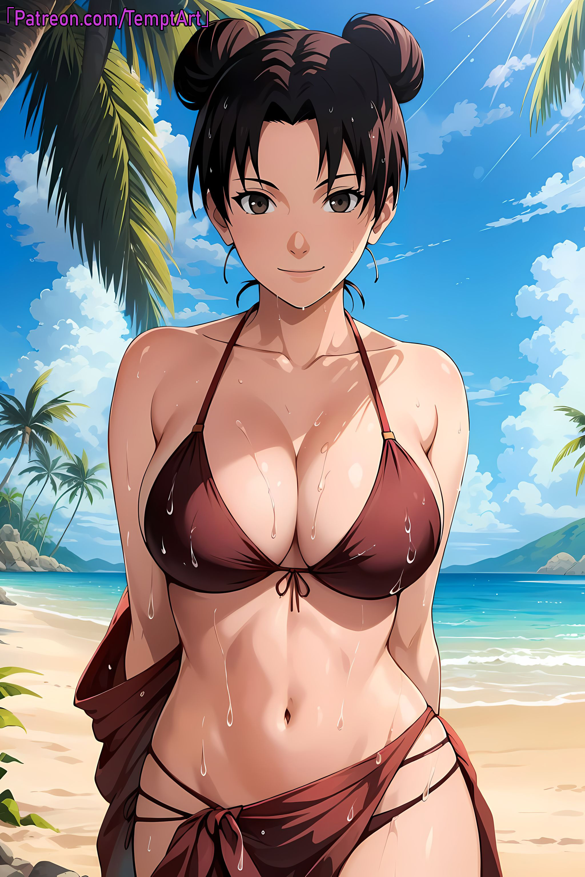 1girls, abs, adapted costume, aged up, ai generated, arms behind back, athletic, athletic female, bare legs, bare midriff, bare shoulders, beach, beach umbrella, big breasts, bikini, bikini bottom, bikini top, breasts, brown eyes, brown hair, cleavage, curvaceous, double bun, female, hair bun, headband, highres, konohagakure symbol, legs together, looking at viewer, midriff, nai diffusion, naruto, naruto (classic), naruto (series), naruto shippuden, ocean, oppai, palm tree, patreon username, sand, seaside, side-tie bikini, side-tie bikini bottom, skirt, smile, solo, stable diffusion, swimsuit, taking clothes off, temptart, tenten, toned, toned female, twin buns, undressing, upper body, url, voluptuous, walking, walking towards viewer, water, watermark, web address