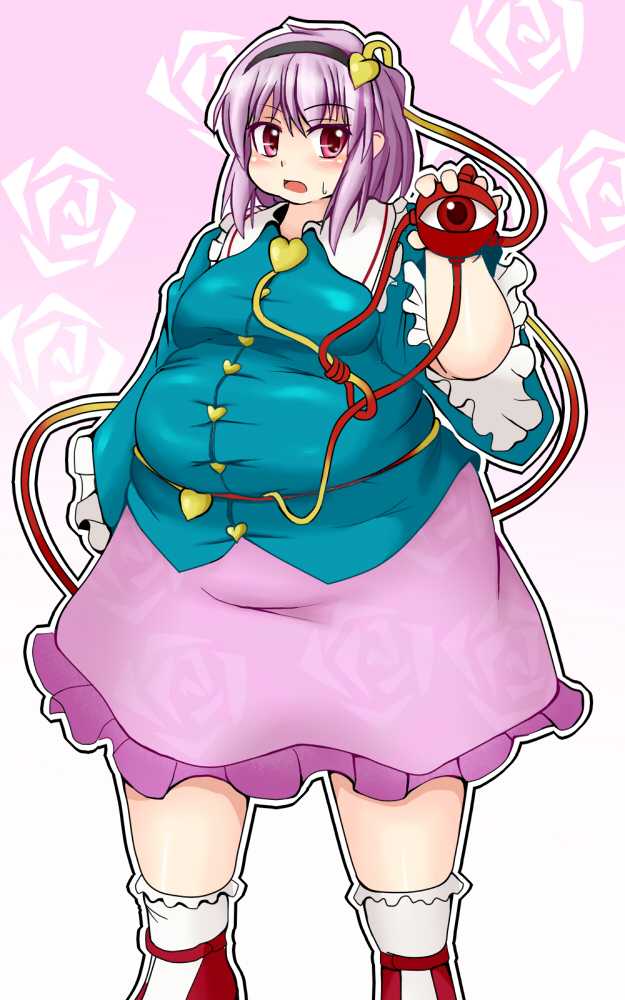 bbw, belly overhang, big belly, big female, blush, chubby, chubby female, embarrassed, fat, fat female, fat fetish, fatty, female, giantess, large female, mini giantess, obese, obese female, overweight, overweight female, pink hair, plump, pork chop, satori komeiji, sweatdrop, thick thighs, tight clothing, tight fit, touhou, tubby, weight gain