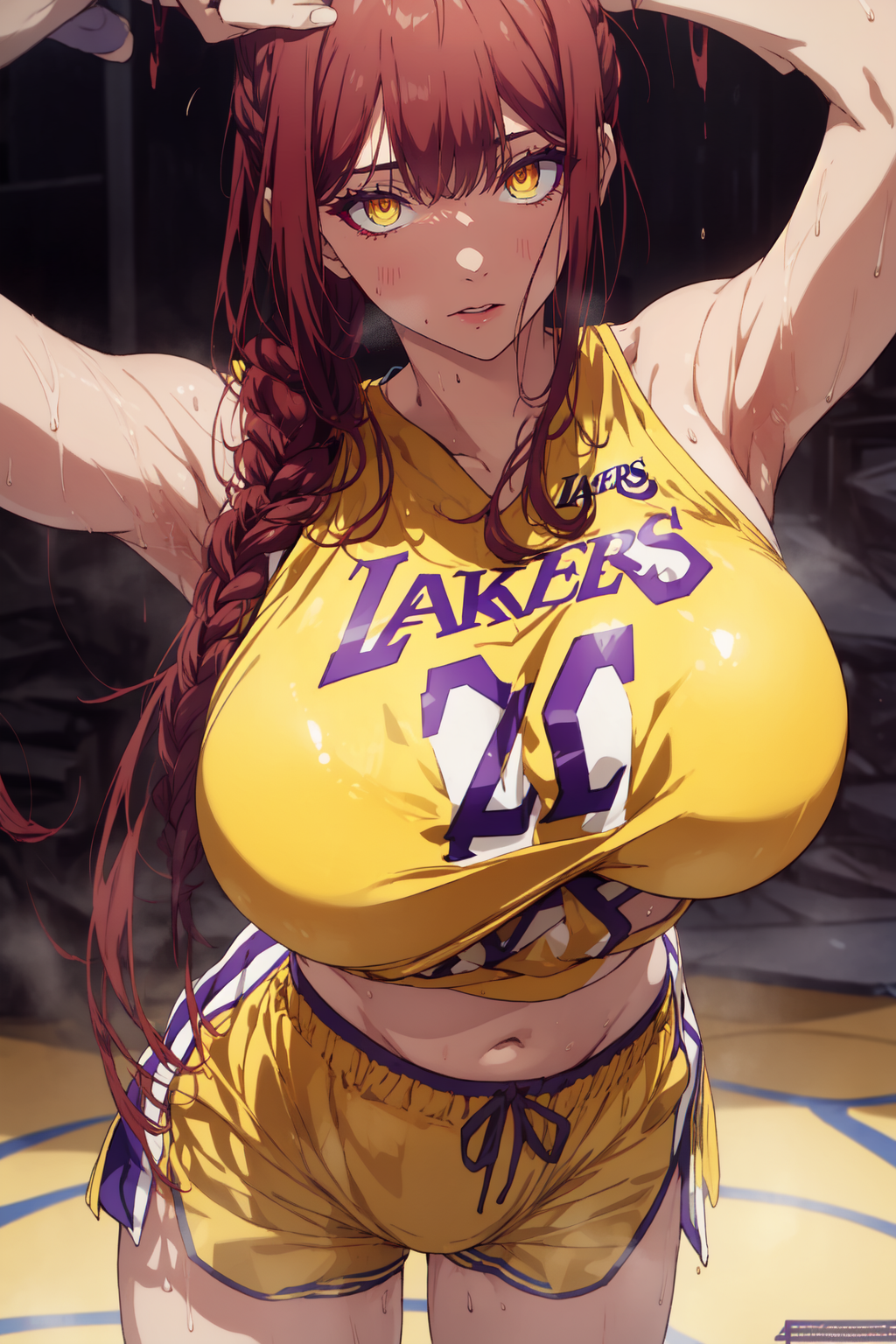 ai_generated breasts chainsaw_man cheerleader huge_breasts jersey makima_(chainsaw_man) naughty_face nsfw red_hair sweat sweating yellow_eyes