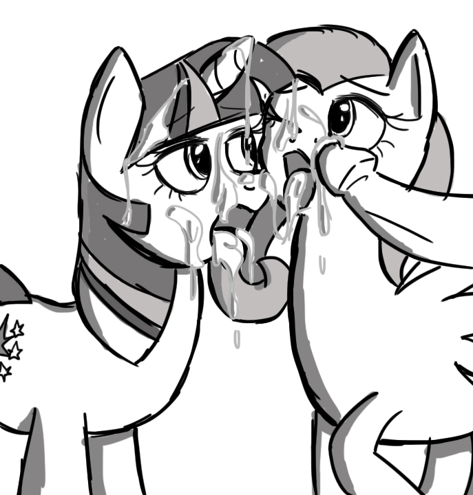 2d black_and_white cum cum_in_mouth feral fluttershy_(mlp) friendship_is_magic hasbro human interspecies mlp_g4 my_little_pony no-ink pony twilight_sparkle_(mlp)