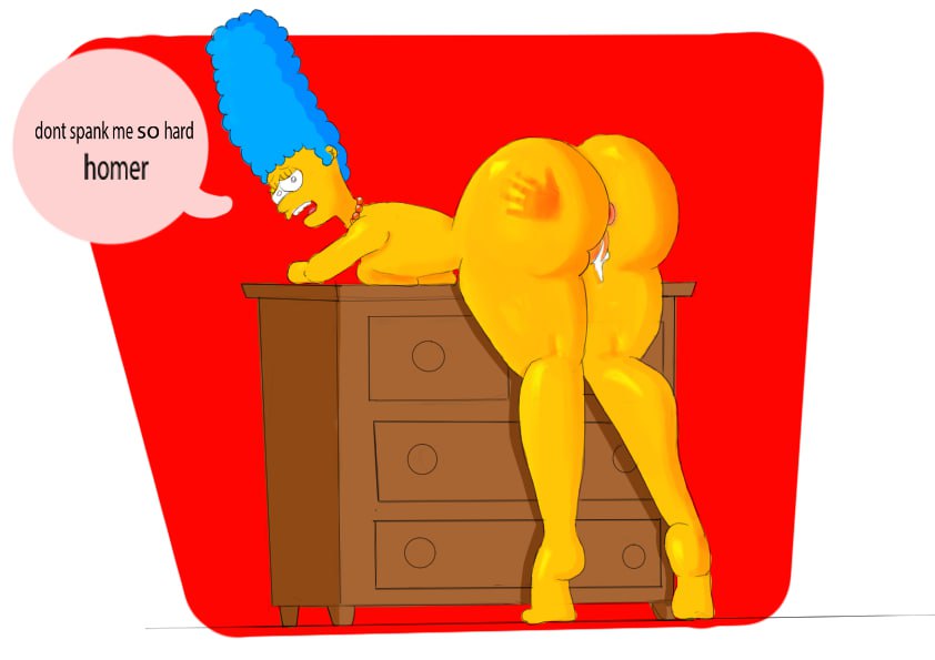 ass ass_focus asshole blue_hair dialog dialogue forced marge_simpson milf mommy mother pussy red_background red_pussy simpsons spanked spanked_ass spanked_butt spanking the_simpsons white_background yellow_body