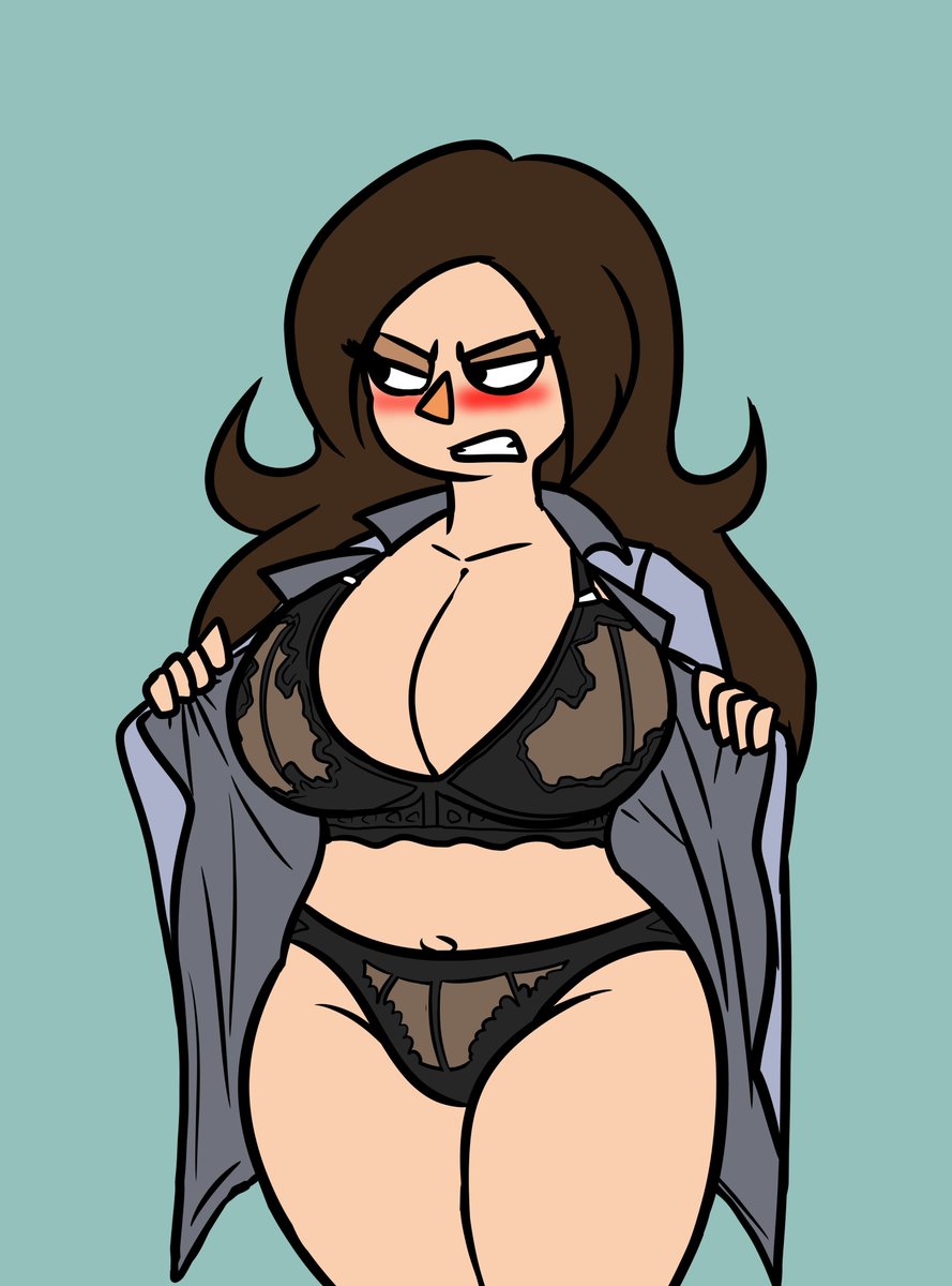 bra brown_hair embarrassed fully_clothed large_ass large_breasts looking_at_viewer looking_away max1mus meme naomi_(max1mus) no_pants original_character panties thick_thighs unbuttoned_shirt