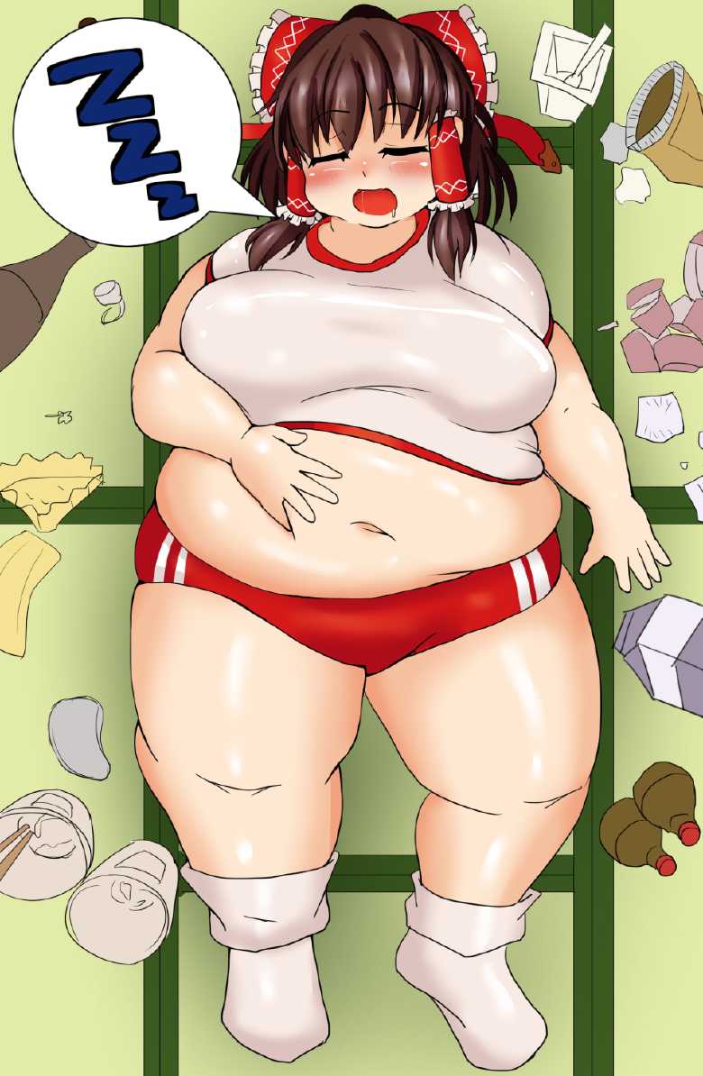 bbw belly_overhang big_belly big_female blush chubby chubby_female embarrassed fat fat_female fat_fetish fat_girl fat_woman fatty hand_on_belly large_female obese obese_female overweight overweight_female plump pork_chop reimu_hakurei rubbing_belly shrine_maiden sleeping slob thick_thighs touhou tubby weight_gain