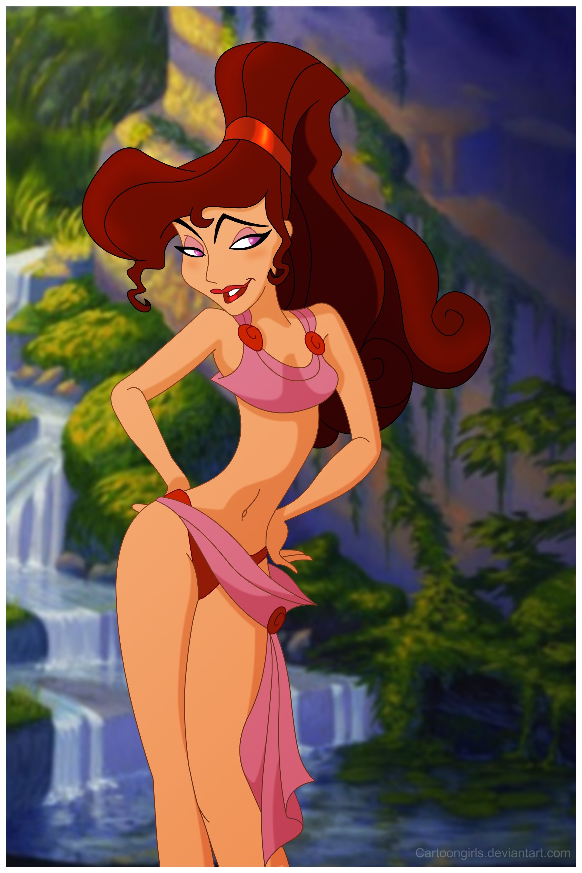 1girls, bikini, brown hair, cartoongirls, curvy, disney, female, hercules (disney), megara, ponytail, swimsuit, text