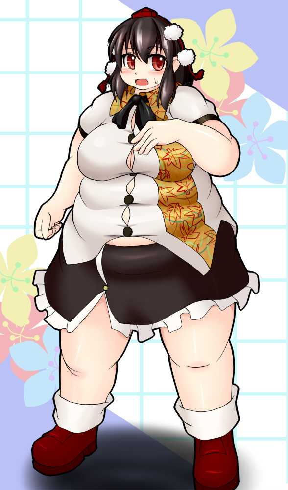 bbw belly_overhang big_belly big_female black_hair blush chubby chubby_female embarrassed fat fat_female fat_fetish fat_girl fat_woman fatty large_female obese obese_female overweight overweight_female plump pork_chop shameimaru_aya sweatdrop tengu thick_thighs tight_clothing tight_fit touhou tubby weight_gain