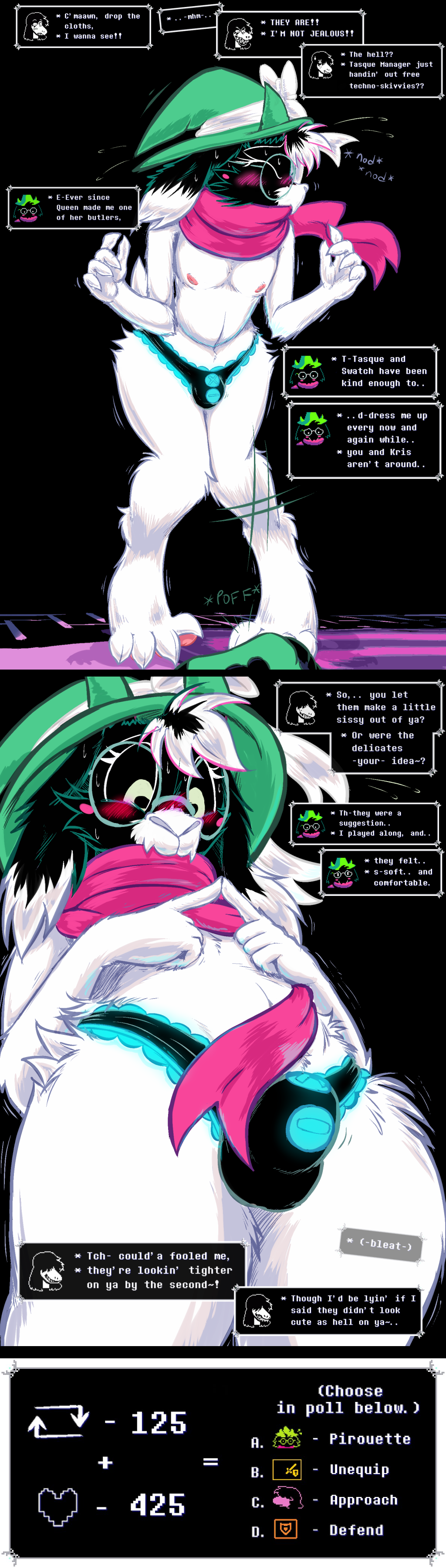 absurd_res anthro blush bodily_fluids bovid bulge caprine claws clothes_on_floor clothing deltarune dialogue dinosaur duo embarrassed english_text eyewear fangs female fluffy frilly frilly_clothing frilly_underwear frist44 fur glasses goat hat headgear headwear hi_res horn male male_focus mammal nipples panties pawpads ralsei reptile scalie scarf simple_background susie_(deltarune) sweat teeth text undertale_(series) underwear white_body white_fur white_ribbon wizard_hat