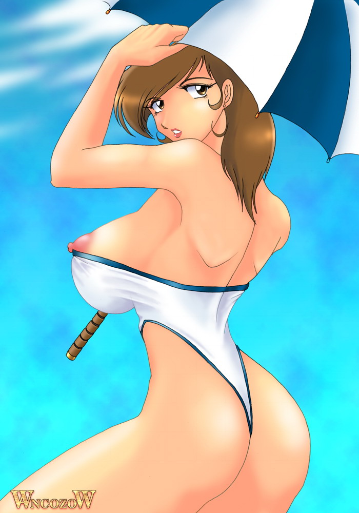 1girls 2001 areolae ass bathing_suit breasts brown_eyes brown_hair female female_only human large_breasts light-skinned_female light_skin lipstick long_hair lupin_iii mine_fujiko nipples solo swimsuit tagme umbrella wancozow