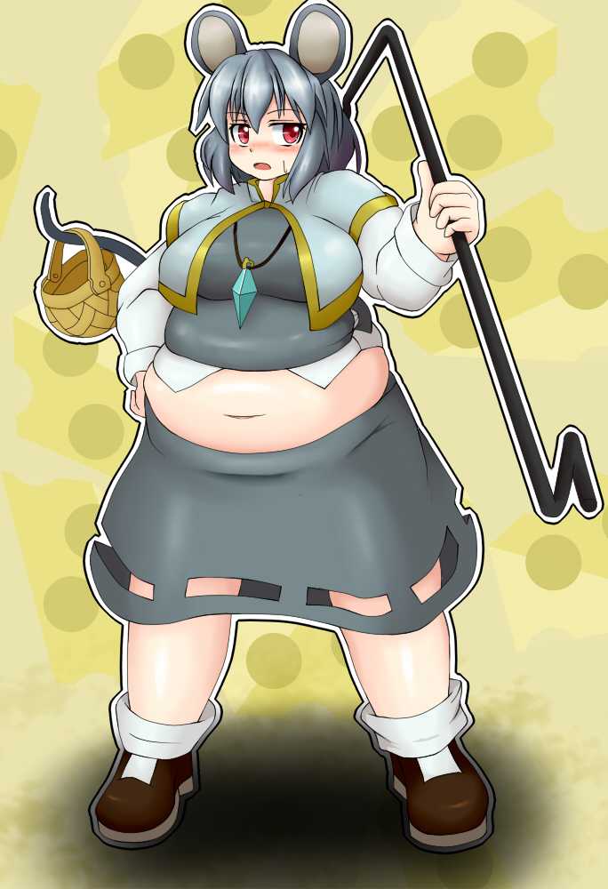 bbw belly_overhang big_belly big_female blush chubby chubby_female embarrassed fat fat_female fat_fetish fat_girl fat_woman fatty large_female mouse_ears nazrin obese obese_female overweight overweight_female plump pork_chop sweatdrop thick_thighs touhou tubby weight_gain