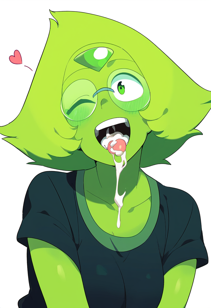 ai generated, blush, cum, cum dripping from mouth, cum in mouth, cum inside, female, glasses, happy, heart, peridot (steven universe), steven universe, su whore (artist), tongue, tongue out
