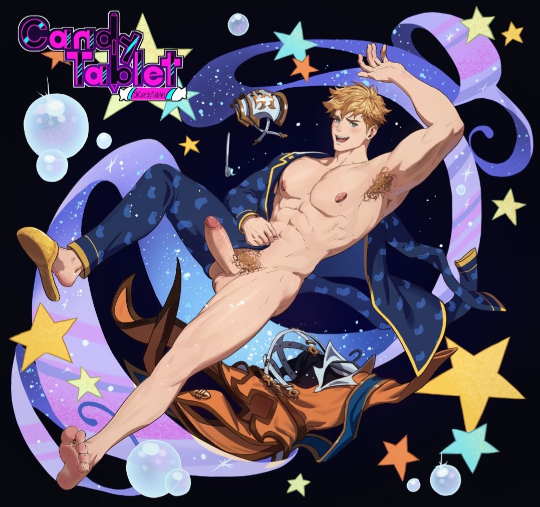 1boy abs armpit_hair armpits artist_name bara blonde_hair blue_pajamas blush candytablet commission erection granblue_fantasy large_pectorals male_focus male_pubic_hair muscular muscular_male navel nipples nude open_mouth pajamas pectorals penis pubic_hair short_hair smile solo testicles undressing vane_(granblue_fantasy)