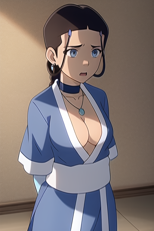 1girls ai_generated avatar_legends avatar_the_last_airbender blue_eyes blue_robe braid brown_hair cleavage deep_cleavage female hair_loopies hands_behind_back katara necklace plunging_neckline robe smirk water_tribe