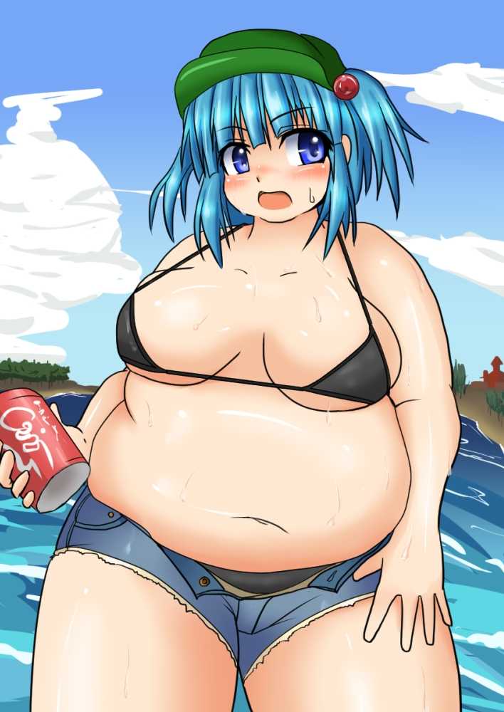 bbw beach belly_overhang big_belly big_female blue_hair blush bra chubby chubby_female embarrassed fat fat_female fat_fetish fat_girl fat_woman fatty large_female nitori_kawashiro obese obese_female overweight overweight_female plump pork_chop sweatdrop thick_thighs touhou tubby weight_gain