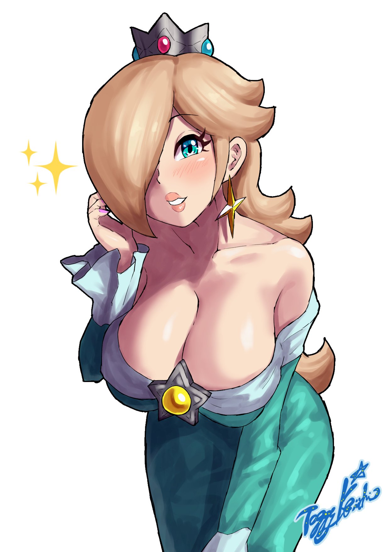 1girls artist_signature blonde_hair blue_eyes blush breasts cleavage clothed crown earrings female female_only hair_over_one_eye large_breasts leaning_forward mario_(series) nintendo princess_rosalina solo super_mario_galaxy tagme white_background yamino_ekakinin