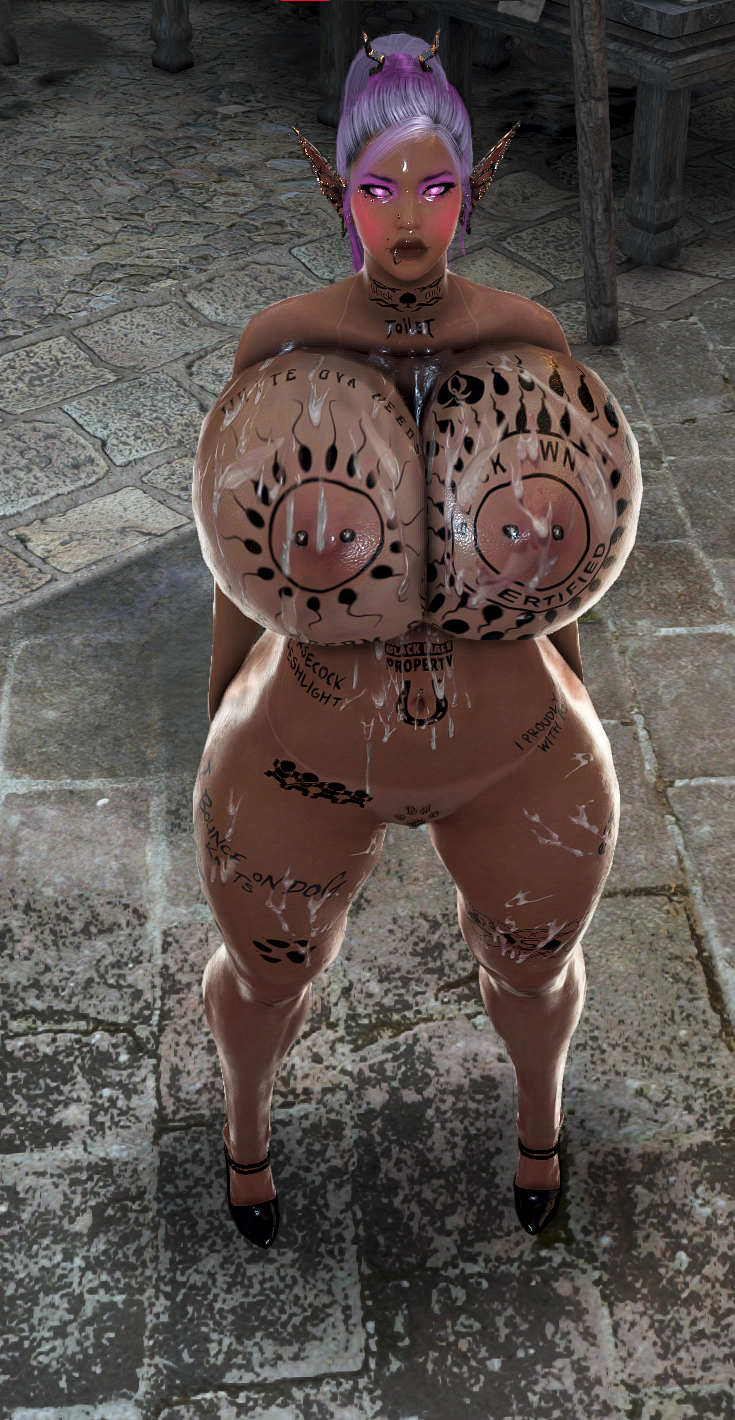 3d bdo bimbo black_desert_online body_writing cow_tits cumdumpster dark_elf degradation elf elves huge_breasts humiliation onahole screenshot tattoo tattoos