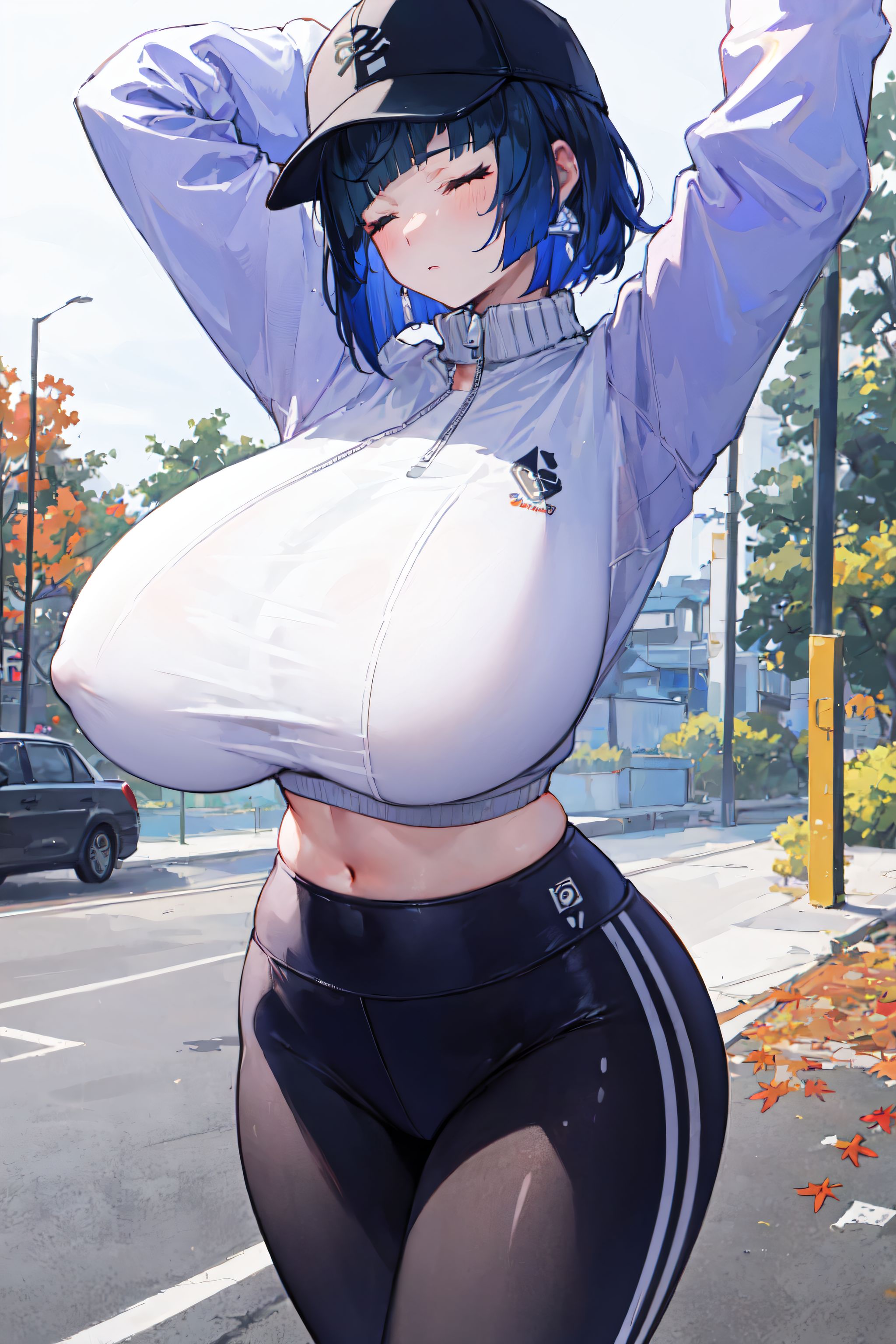 1girls, ai generated, alternate breast size, autumn, baseball cap, breasts, closed eyes, detailed background, expressionless, female, genshin impact, gigantic breasts, huge breasts, leggings, mature female, mihoyo, road, sagging breasts, see-through, snow, stable diffusion, standing, stretching, sweat, taut clothes, thick thighs, track jacket, video games, wide hips, xenomon, yelan (genshin impact)