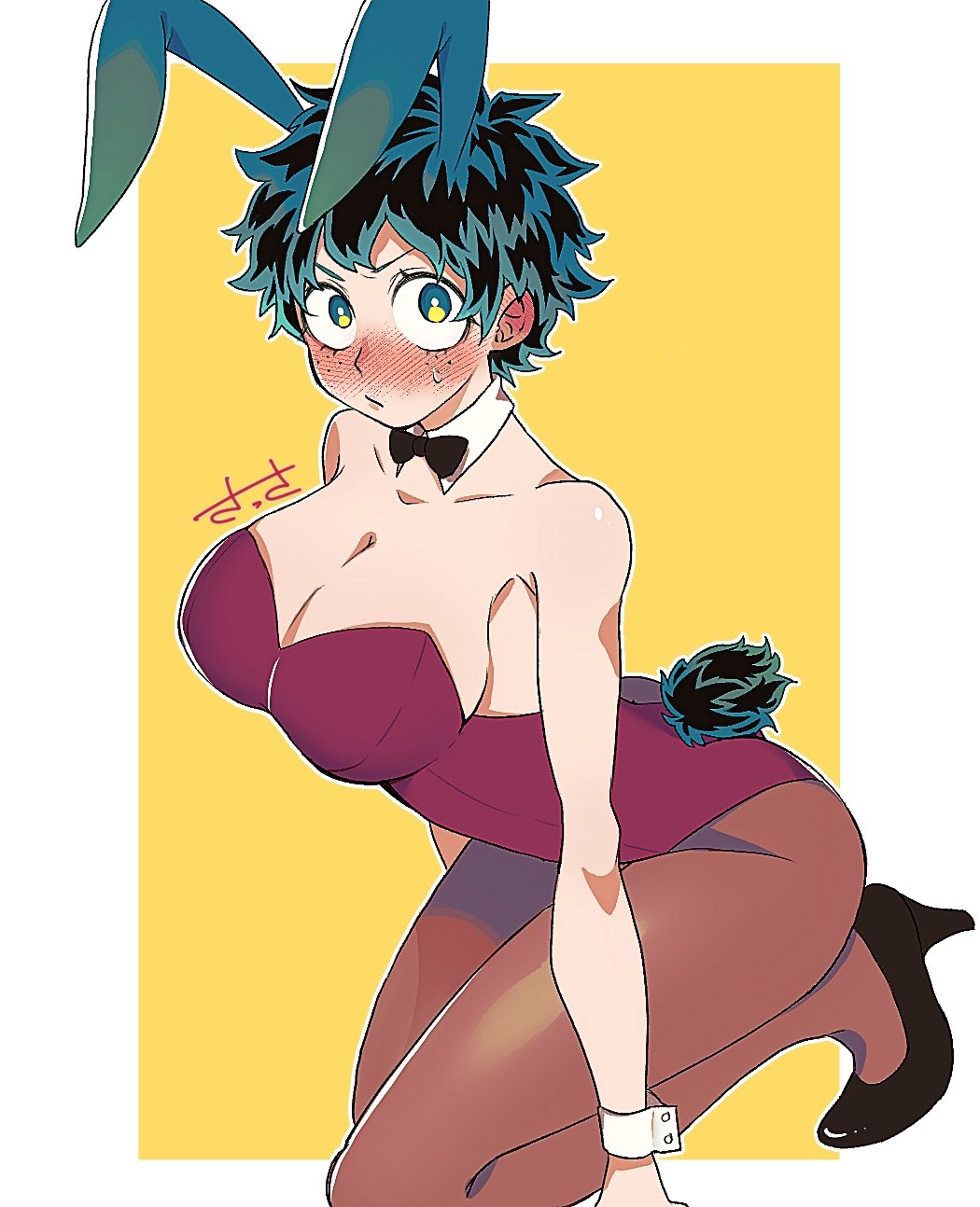 :/, 11risotto08, 1girls, alternate costume, animal ears, arms, black bow, black bowtie, black shoes, blush, blush lines, bow, bowtie, breasts, brown stockings, bunny ears, bunny girl, bunny tail, bunnysuit, buttons, cleavage, collar, corset, detached collar, detached cuffs, ear, eyebrows, eyebrows raised, eyelashes, eyes, fair skin, fair-skinned female, female, female deku, female focus, female only, flustered, freckles, genderswap, genderswap (mtf), green eyes, green hair, hair, heels, huge breasts, human, human focus, human only, izuku midoriya, kemonomimi, kneeling, large breasts, legs, legwear, leotard, looking at viewer, maroon leotard, my hero academia, on knees, rabbit ears, raised eyebrows, red corset, red ears, red leotard, rule 63, shoes, short hair, shoulders, simple background, solo, solo female, solo focus, stockings, superheroine, sweatdrop, very short hair, white collar, wrist cuffs, yellow background