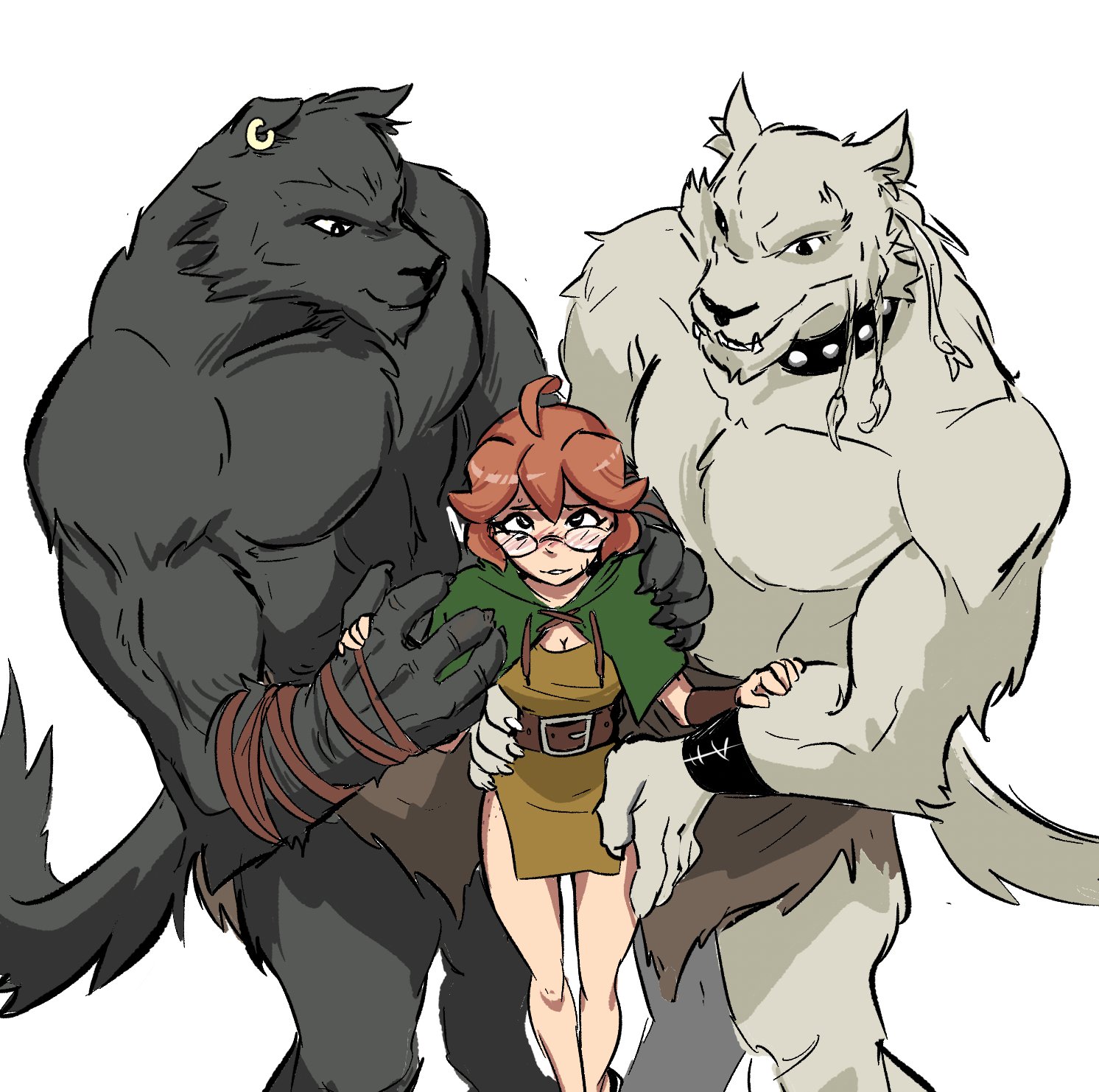 1girls, 2boys, anthro, blush, canid, canine, cleavage, clothed, clothes, clothing, collar, earring, eclair (spicymancer), female, furry, furry male, furry on human, glasses, human, imminent sex, larger male, male, mmf threesome, muscular, muscular male, piercing, shirtless, shirtless male, size difference, smaller female, spicymancer, topless, topless male, trio, werewolf, wolf