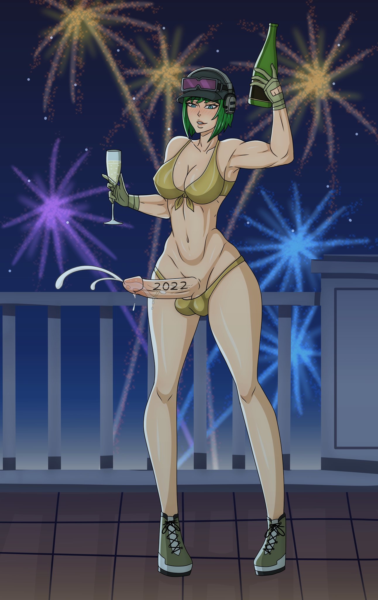 1futa, 2022, balls, big penis, breasts, clothed, clothing, cum, cumshot, ejaculation, ela (rainbow six), erect penis, erection, full body, futa only, futanari, hands-free, handsfree ejaculation, human, intersex, light skin, light-skinned futa, mostly nude, new year, penis, rainbow six, rainbow six siege, solo, solo futa, standing, testicles, warman