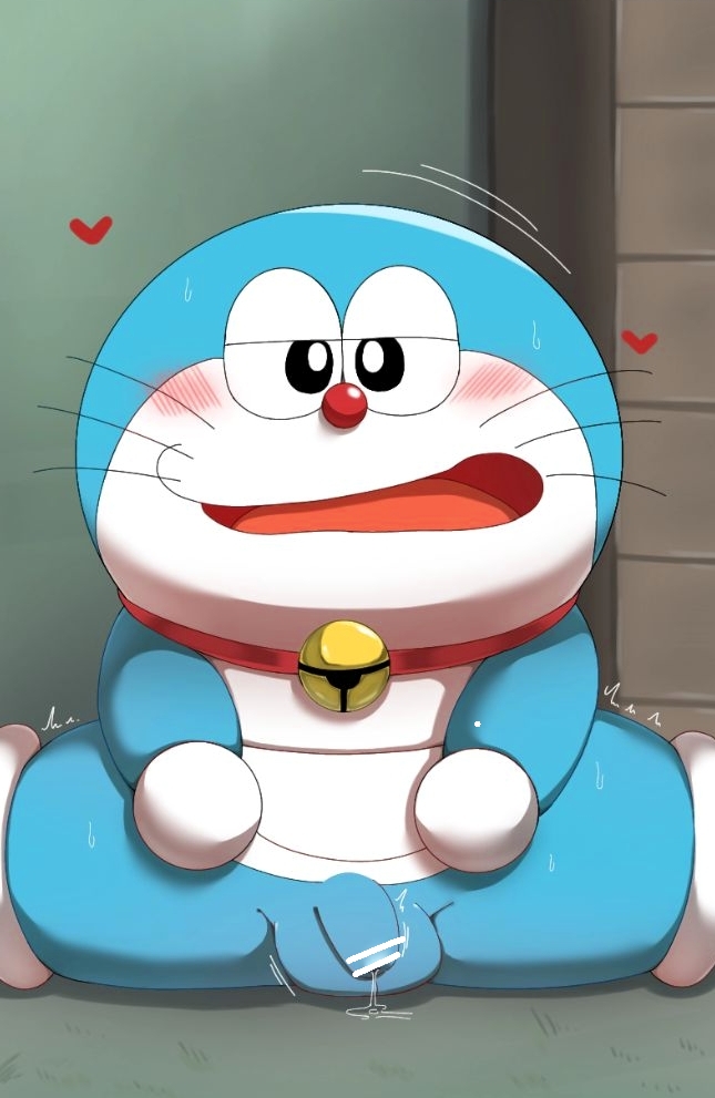 adorable balls blue_body blue_skin blush blushing blushing_at_viewer chubby chubby_male cute cute_eyes cute_face doraemon doraemon_(character) feline half-closed_eyes heart jingle_bell looking_at_viewer love male male_only multimuti overweight overweight_male penis red_collar red_nose robot sex solo solo_male testicles white_feet white_hands