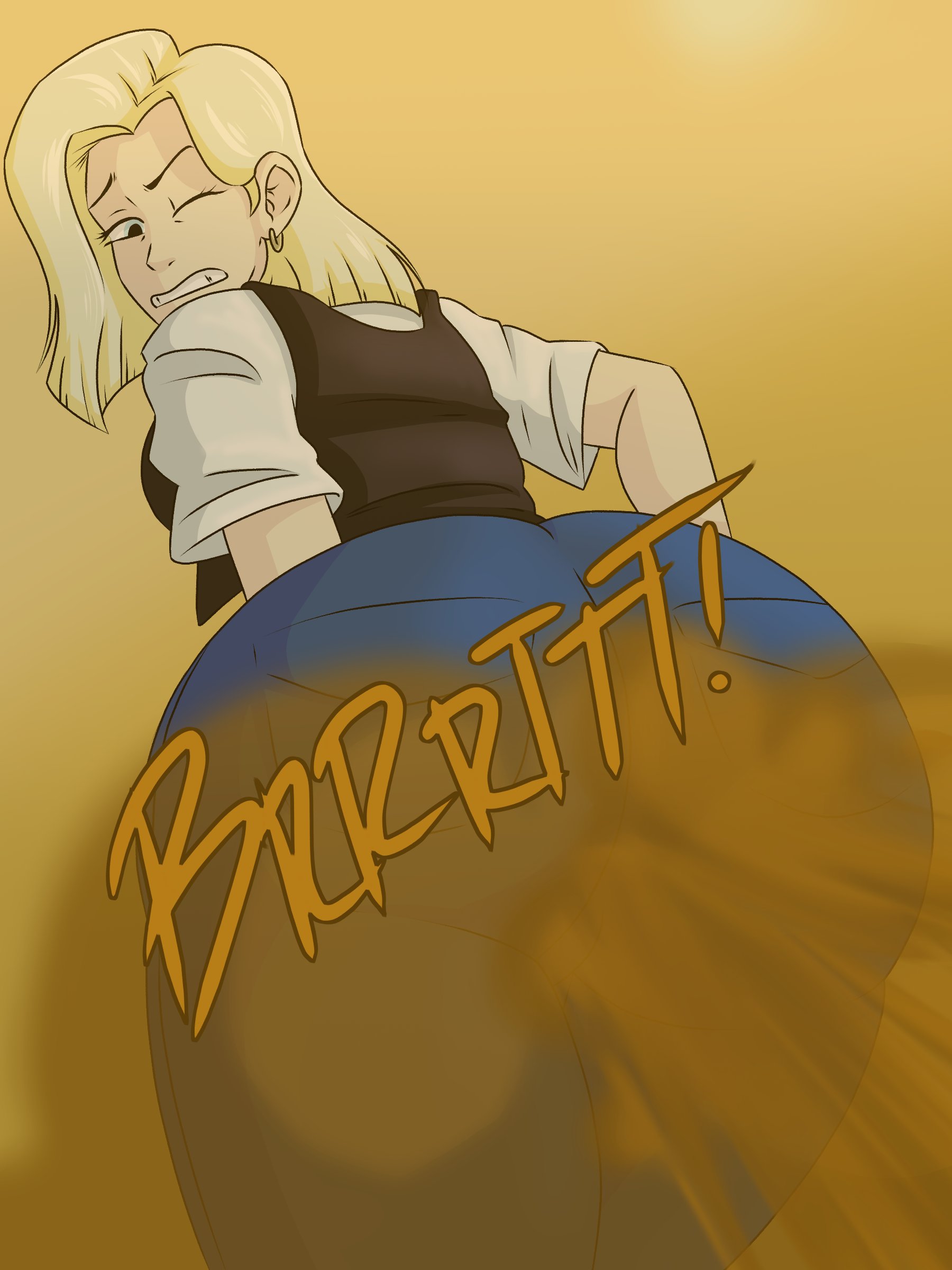 1girls, android 18, ass, bent over, big ass, blonde hair, dragon ball, dragon ball z, enormous ass, fart, fart cloud, fart fetish, farting, female, jeans, r3draynb0w, tight jeans, yoshizilla
