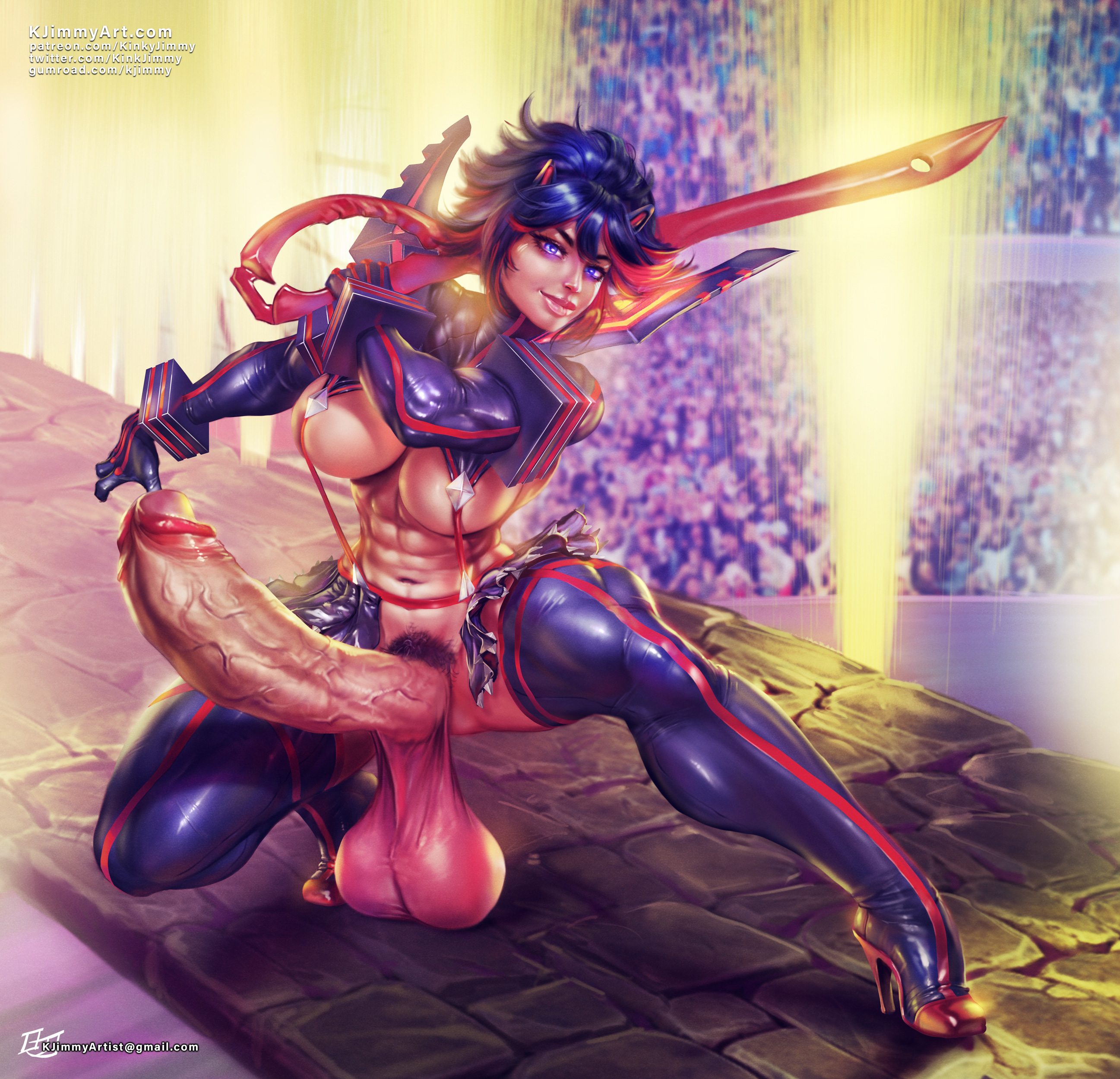 1futa, abs, balls, balls on floor, black hair, bottomless, breasts, dangling balls, dangling testicles, dickgirl, erection, futa only, futanari, huge balls, huge cock, huge testicles, hyper, hyper balls, hyper penis, intersex, kill la kill, kinkyjimmy, long penis, matoi ryuuko, muscular, muscular futa, open clothes, penis, pubic hair, realistic, sagging balls, saggy balls, short hair, squatting, tagme, testicles, thick penis, very long penis, wide hips
