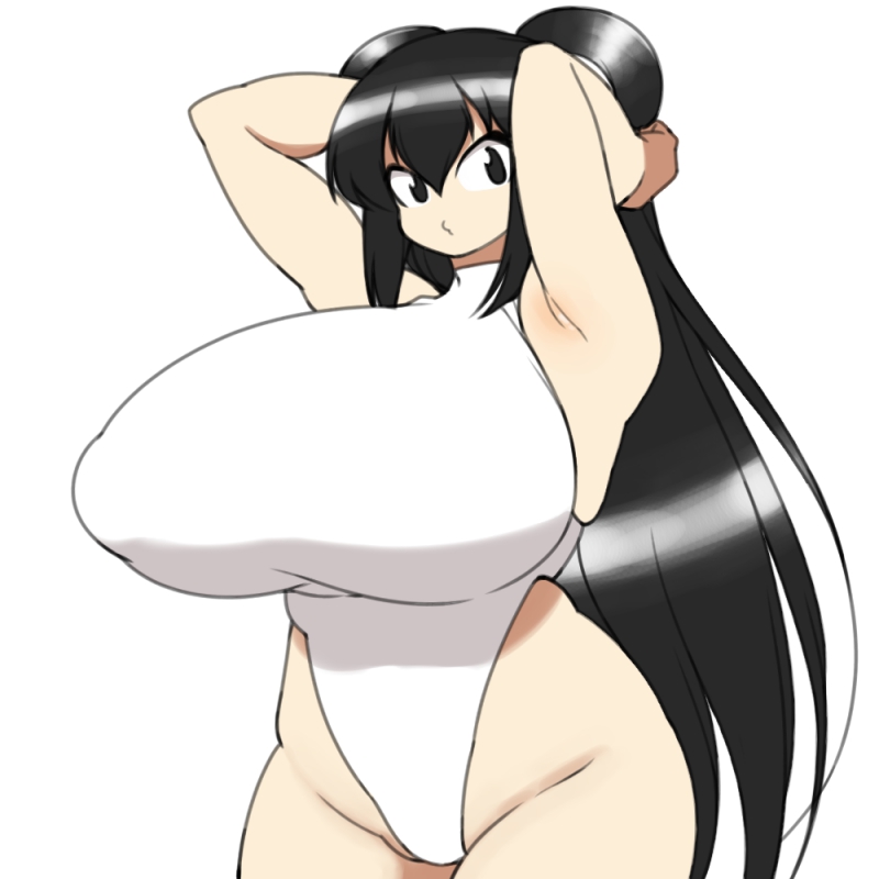 armpits arms_behind_back arms_up bare_arms bare_shoulders black_eyes black_hair breasts covered_nipples cowboy_shot female gigantic_breasts groin hair_rings harashima_rojami highleg highleg_leotard legs_together leotard long_hair looking_at_viewer no_nose okunin original simple_background skindentation solo very_long_hair white_background white_leotard