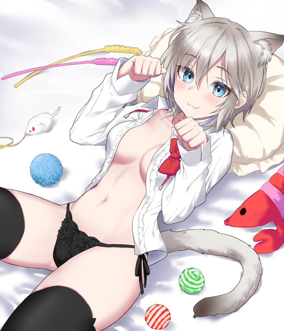 anastasia_(idolmaster) aqua_eyes black_panties blush breasts cat_ears cat_toy cleavage eyebrows_visible_through_hair eyelashes_visible_through_hair female female_only hair_between_eyes idolmaster idolmaster_cinderella_girls laying_on_back looking_at_viewer panties paw_pose pillow short_hair side-tie_panties silver_hair tail thighhighs toy_mouse undone_necktie