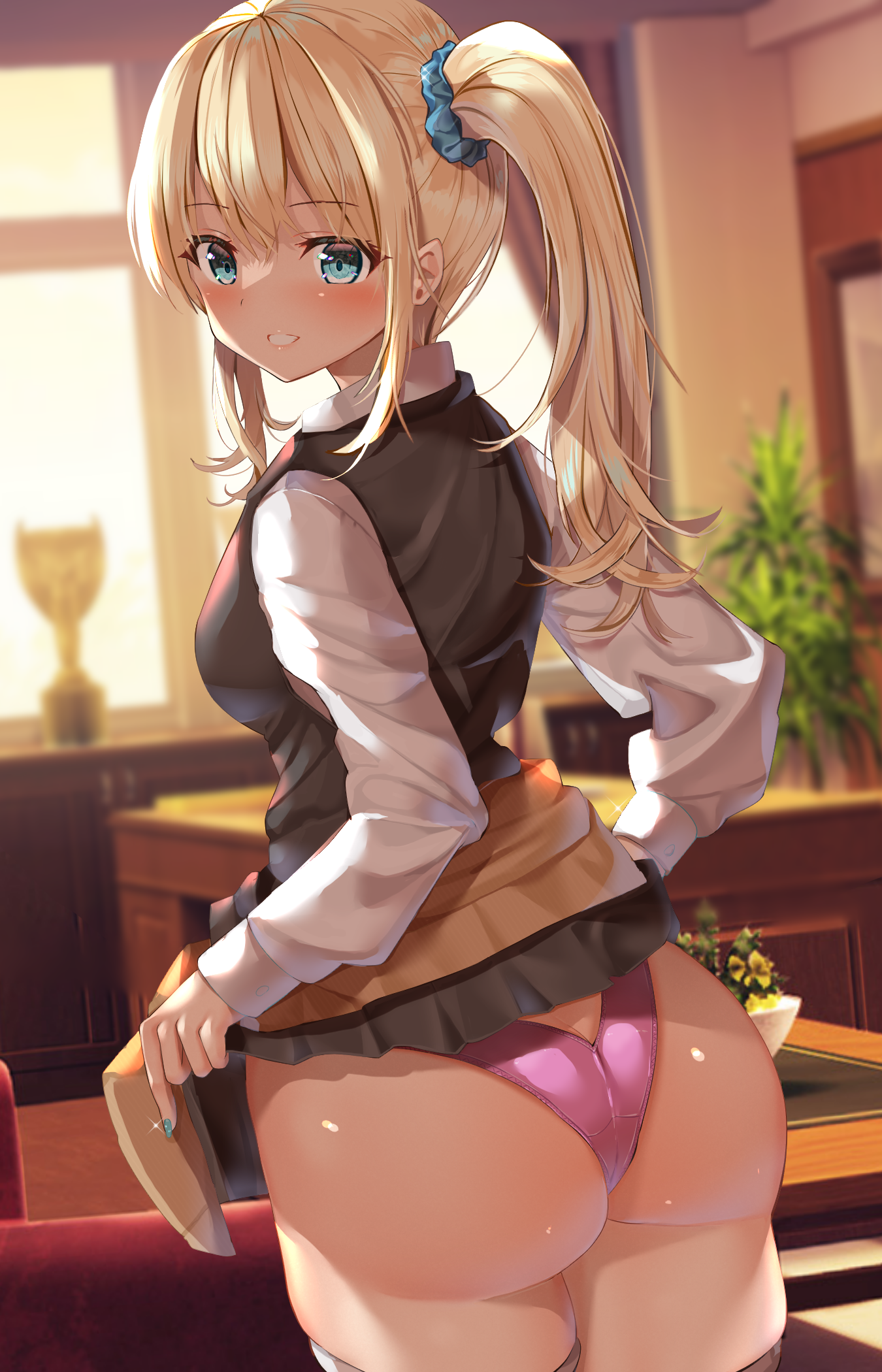 1girls, ass, big ass, big butt, blonde hair, blue eyes, blush, breasts, eye contact, female, fujiko (emnprmn), hayasaka ai, kaguya-sama wa kokurasetai ~tensai-tachi no renai zunousen~, legwear, looking at viewer, panties, side ponytail, skirt, skirt lift, solo, standing, thick thighs, thigh gap, thighs