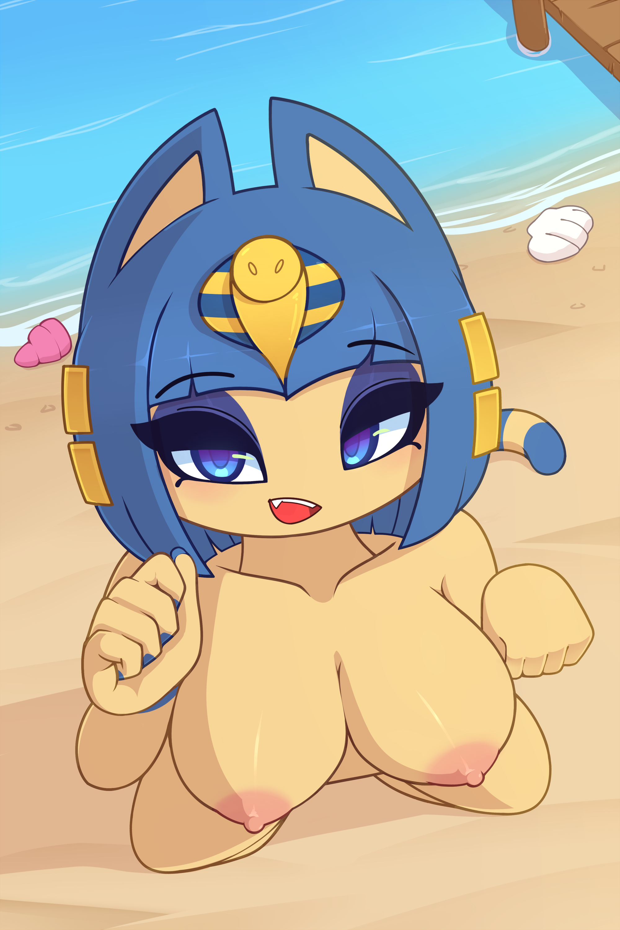 1girls, animal crossing, ankha, ankha (animal crossing), anthro, beach, big breasts, breasts, feline, female, naked, nintendo, nipples, ocean, on knees, pinkcappachino