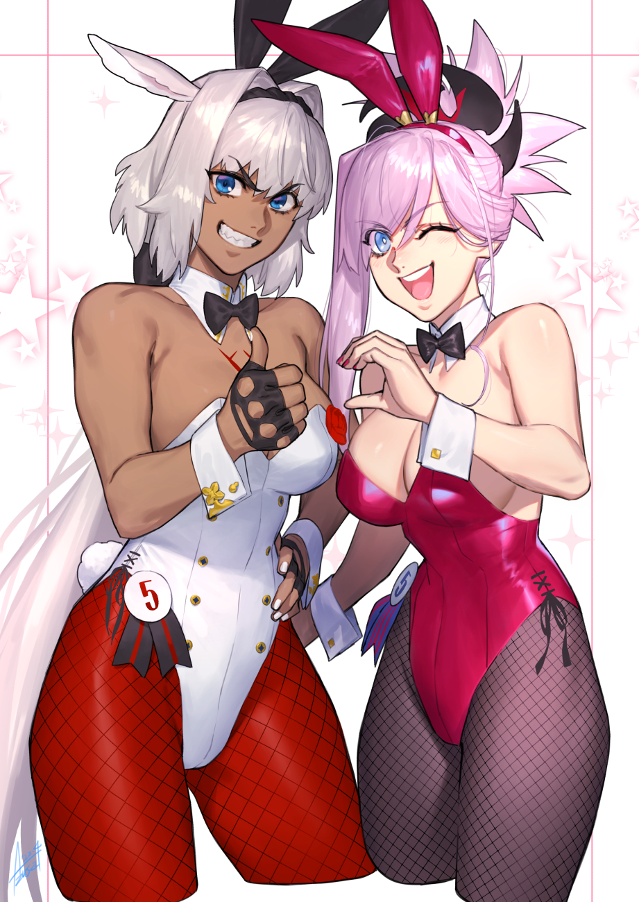 2girls animal_ears azusa_(hws) bangs black_gloves blue_eyes blush body_markings bow bowtie breasts brown_legwear caenis_(fate) cleavage dark-skinned_female dark_skin detached_collar fake_animal_ears fate/grand_order fate_(series) fingerless_gloves fishnet_legwear fishnets gloves grin hair_ornament highleg highleg_leotard highres j-wonging large_breasts leotard long_hair looking_at_viewer miyamoto_musashi_(fate) multiple_girls nail_polish one_eye_closed open_mouth pantyhose pink_hair ponytail rabbit_ears red_legwear red_leotard red_nails smile swept_bangs thighs thumbs_up very_long_hair white_hair white_leotard white_nails wrist_cuffs