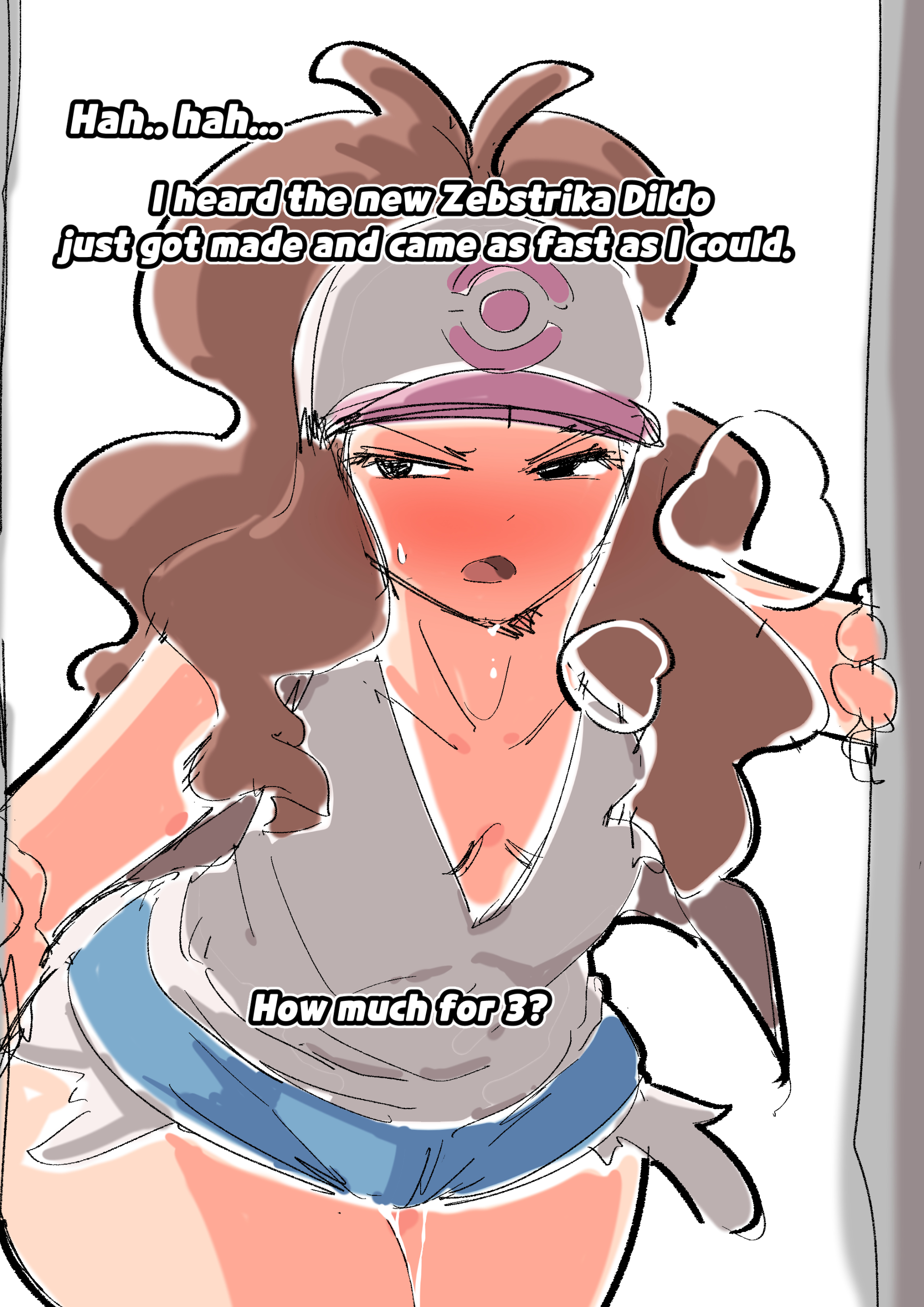 blush, brown eyes, brown hair, comedy, dildo, female, hat, hilda (pokemon), jean shorts, long hair, open mouth, pokemon, ponytail, sex toy, short shorts, shorts, sketch, text, thick thighs, thighs, wide hips, woohyoot