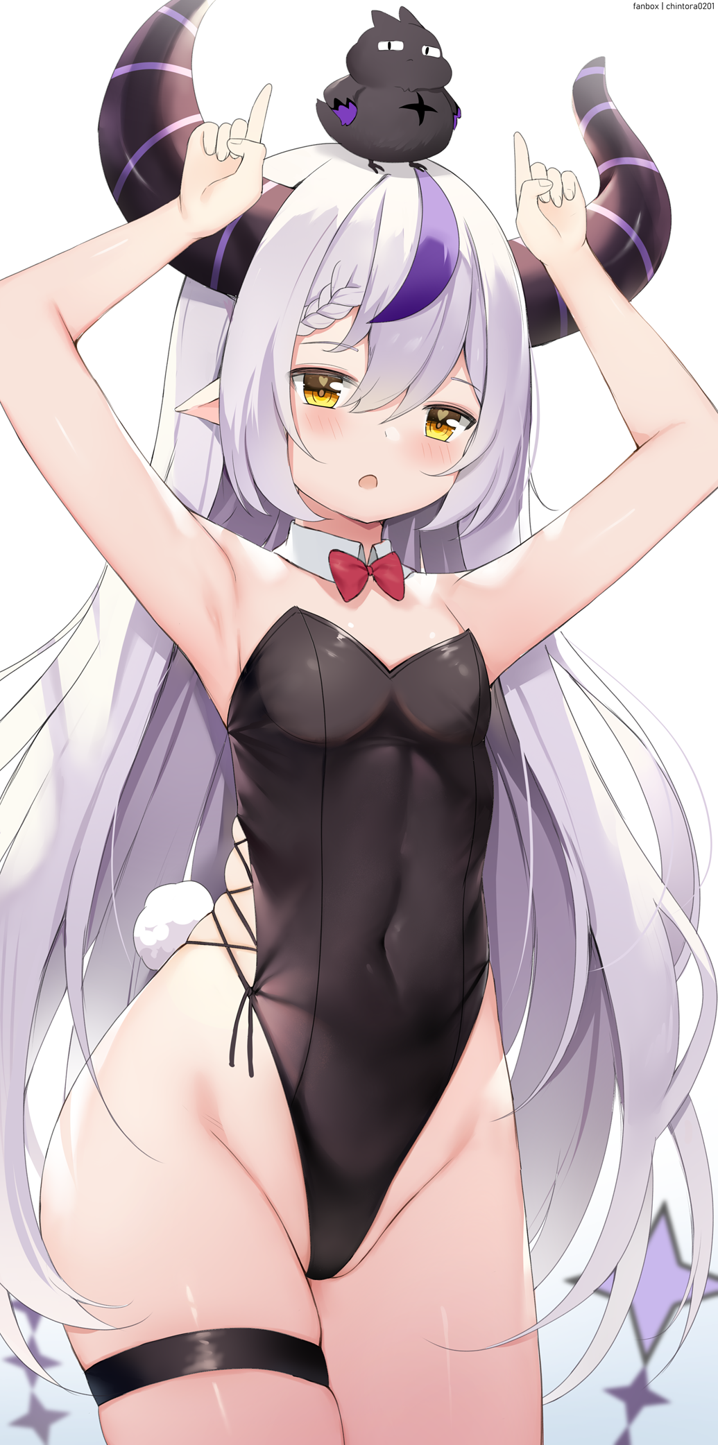 2d 2d_(artwork) :o bare_arms bare_legs bare_shoulders bare_thighs big_horns blush bodysuit bunny_tail bunnysuit chintora0201 heart_eyes hololive hololive_japan holox horn horns la+_darknesss looking_at_viewer purple_hair small_breasts thick_thighs thigh_strap thighs toned_female very_long_hair virtual_youtuber white_hair wide_hips yellow_eyes