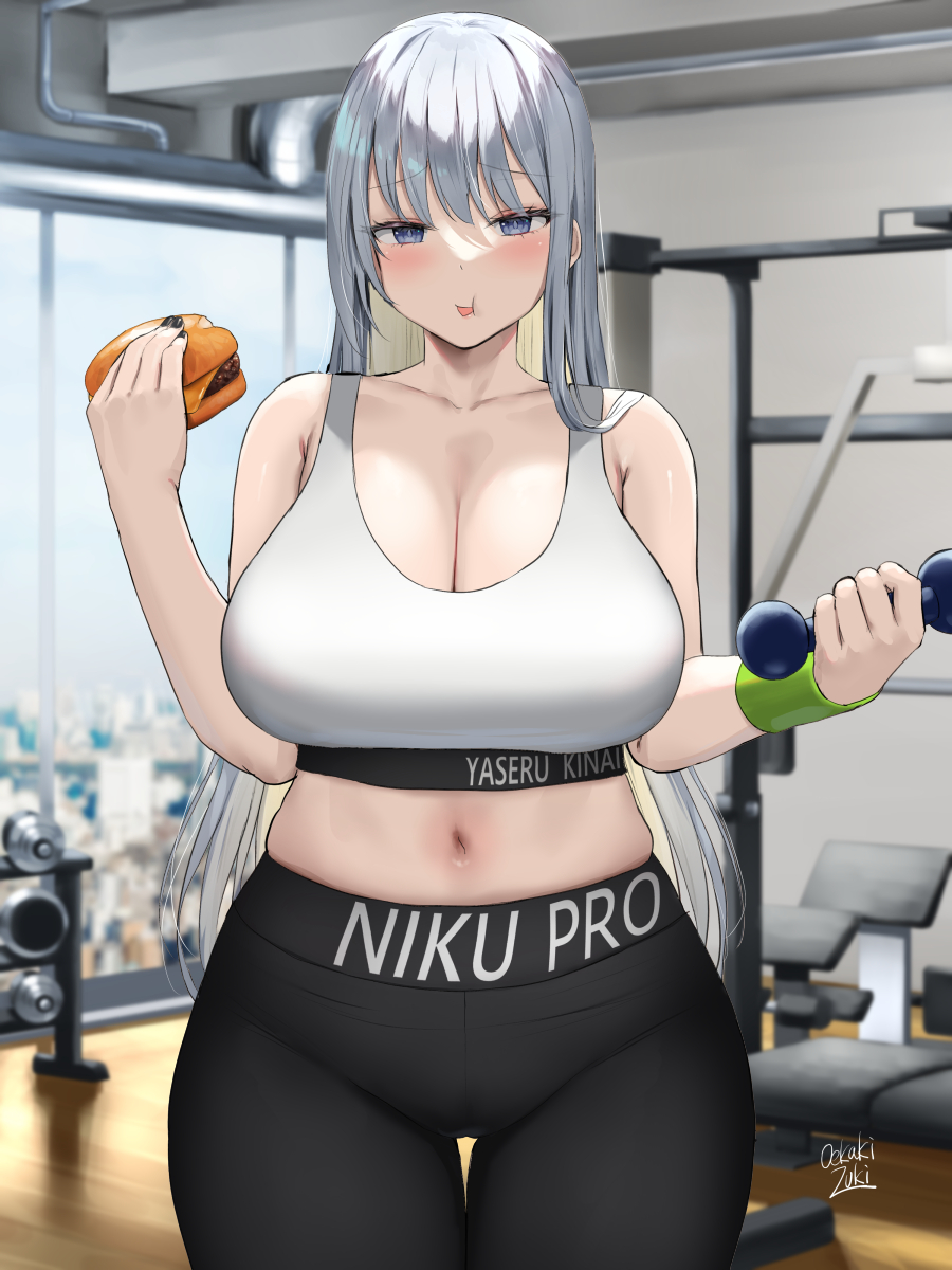 1girls, 2022, artist signature, black yoga pants, breasts, cleavage, female, female only, food, gym, hips, holding object, huge breasts, indoors, long hair, oekakizuki, original, original character, slim waist, sports bra, sportswear, thick thighs, thighs, white hair, white sports bra, wide hips, yoga pants