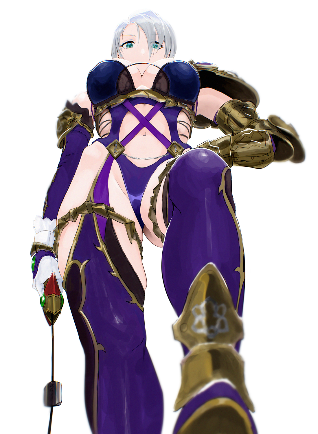1girls, 2020s, 2022, armor, blue eyes, breasts, cleavage, dominant female, domination, female, female only, femdom, isabella valentine, large breasts, looking at viewer, looking down, looking over breasts, seset, solo, soul calibur, submissive pov, underboob, whip, white hair
