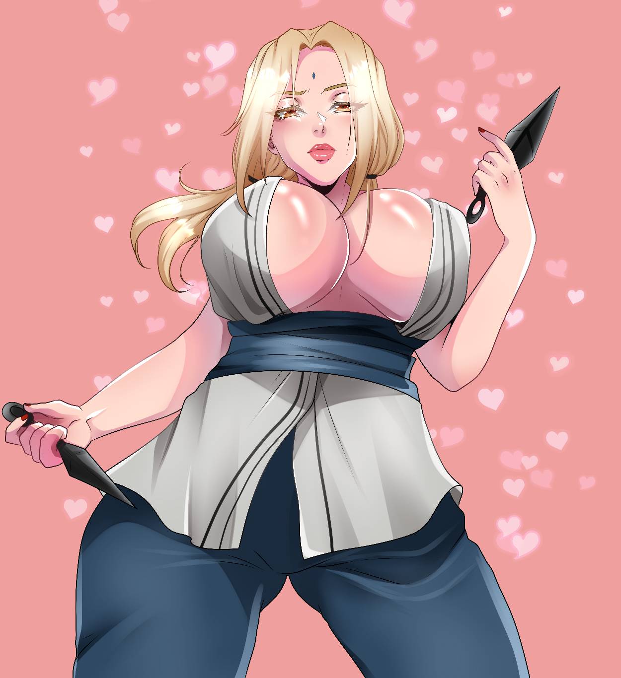 big breasts, blonde hair, breasts, brown eyes, busty, cleavage, facial mark, female, female only, forehead mark, from below, gnachevv, holding object, holding weapon, huge breasts, kimono, kunai, kunoichi, lipstick, looking at viewer, makeup, mature, mature female, naruto, naruto (series), naruto shippuden, ninja, no bra, pants, sash, short kimono, solo, solo focus, standing, tied hair, tsunade, twintails, viewed from below, weapon