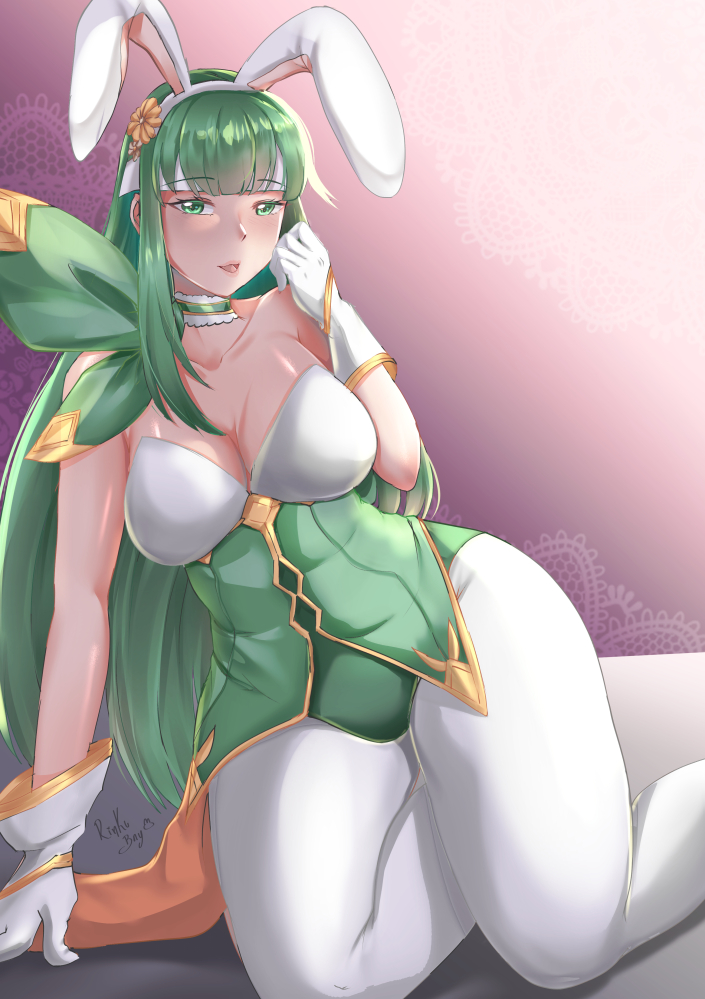 1girls alternate_costume bangs bare_shoulders bunny_ears bunny_girl bunnysuit choker cleavage collarbone female female_only fire_emblem fire_emblem:_mystery_of_the_emblem fire_emblem:_shadow_dragon_and_the_blade_of_light gloves green_eyes green_hair headband kneeling long_hair looking_at_viewer nintendo official_alternate_costume open_mouth palla_(fire_emblem) palla_(spring)_(fire_emblem) pantyhose rinku_bny sleeveless smile solo thick_thighs very_long_hair