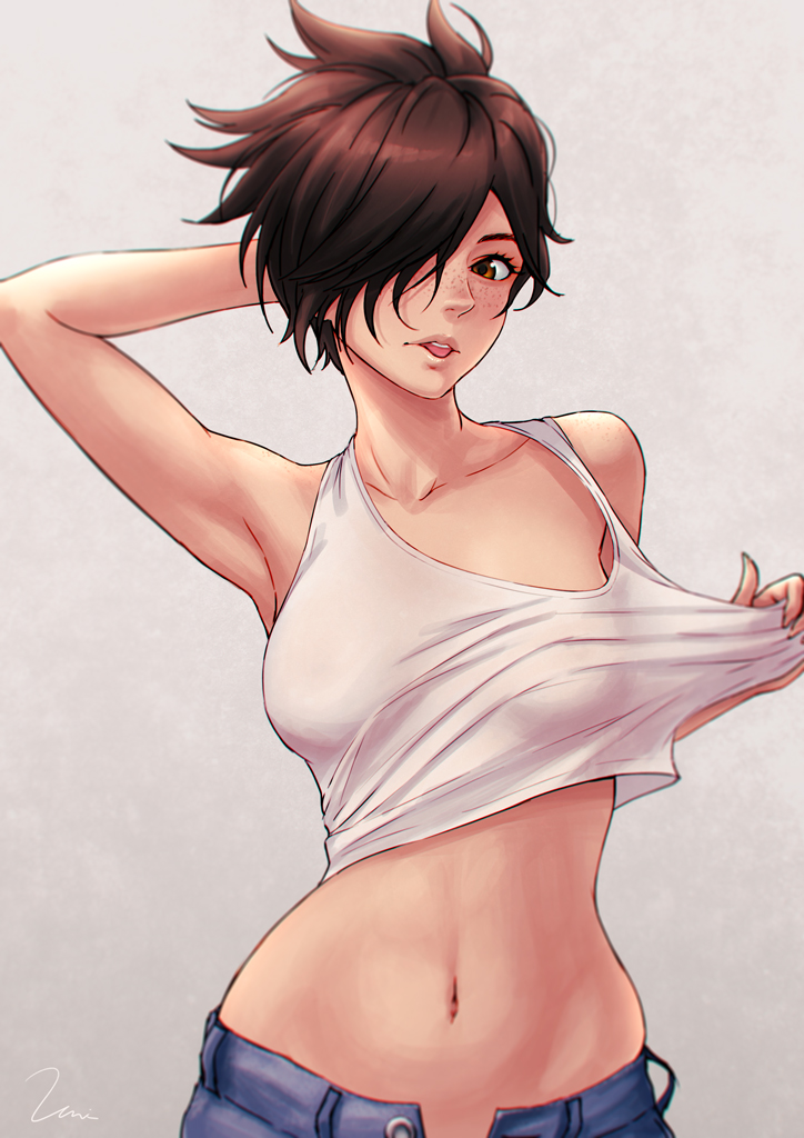 1girls big_breasts blizzard_entertainment cleavage cute female female_only lena_oxton light-skinned_female midriff overwatch solo stomach tight_clothing tracer umigraphics