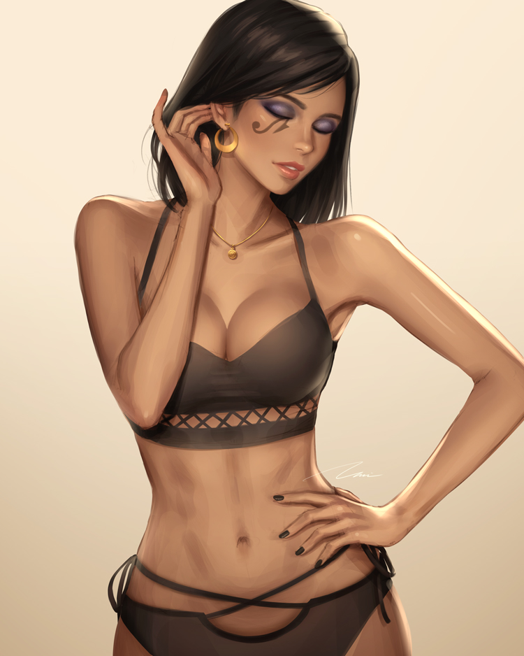 1girls alternate_breast_size big_breasts blizzard_entertainment breasts brown_hair brown_skin closed_eyes dark-skinned_female dark_skin ear_piercing earrings female female_only front_view hair_behind_ear hand_on_hip human large_breasts lingerie necklace nipples overwatch panties partially_clothed pharah pinup pose posing short_hair solo umigraphics underwear