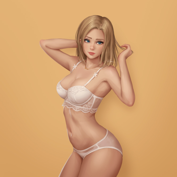 1girls big_breasts blizzard_entertainment blonde_hair blue_eyes breasts female female_only hand_on_head human lingerie looking_at_viewer mercy necklace nipples overwatch panties partially_clothed pinup pose posing sideboob solo umigraphics