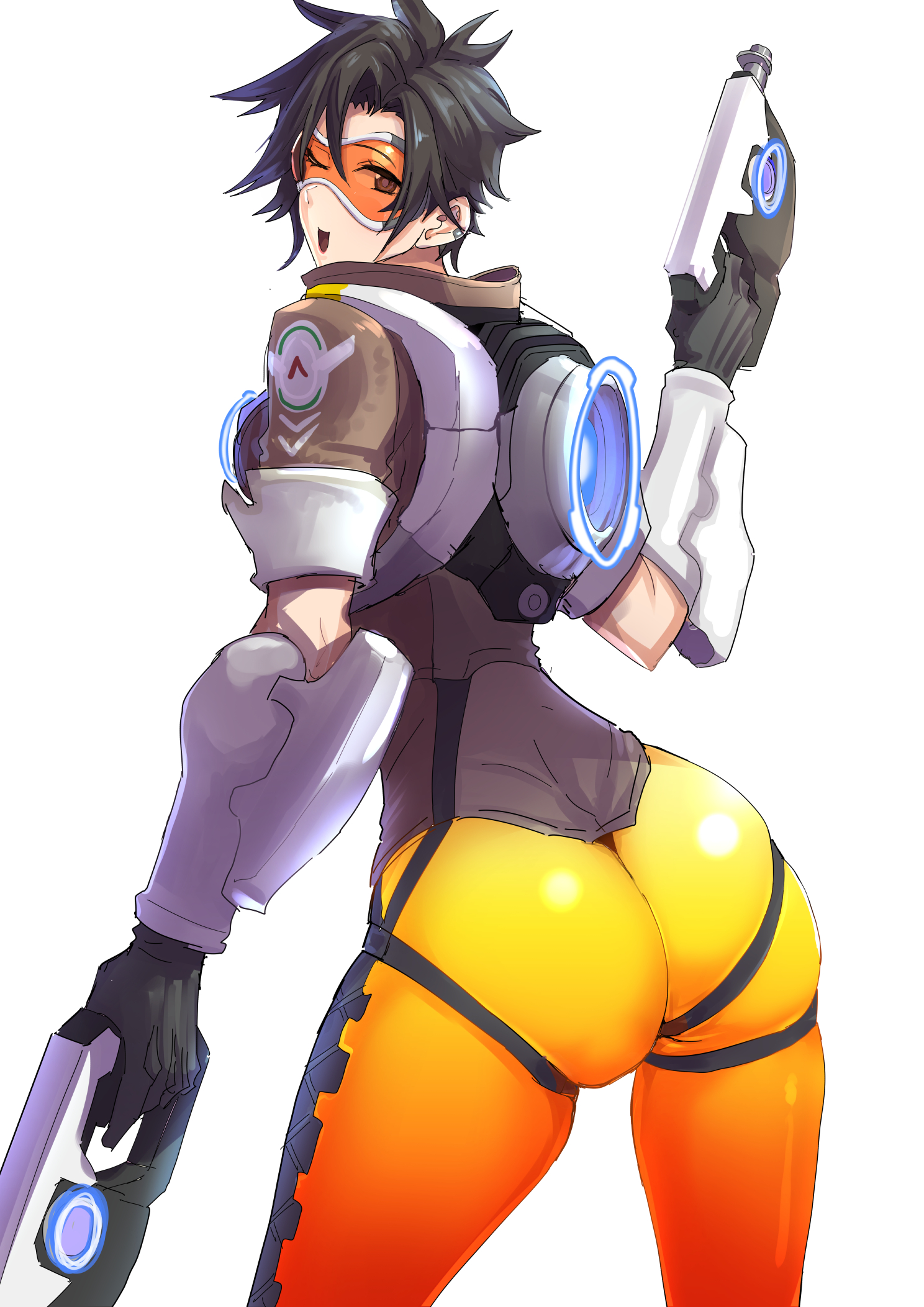 1girls, ass, big ass, big breasts, blizzard entertainment, breasts, clash kuro neko, female, female only, light skin, light-skinned female, looking back, orange-tinted eyewear, overwatch, tight clothing, tinted eyewear, tracer, visor, zero suit