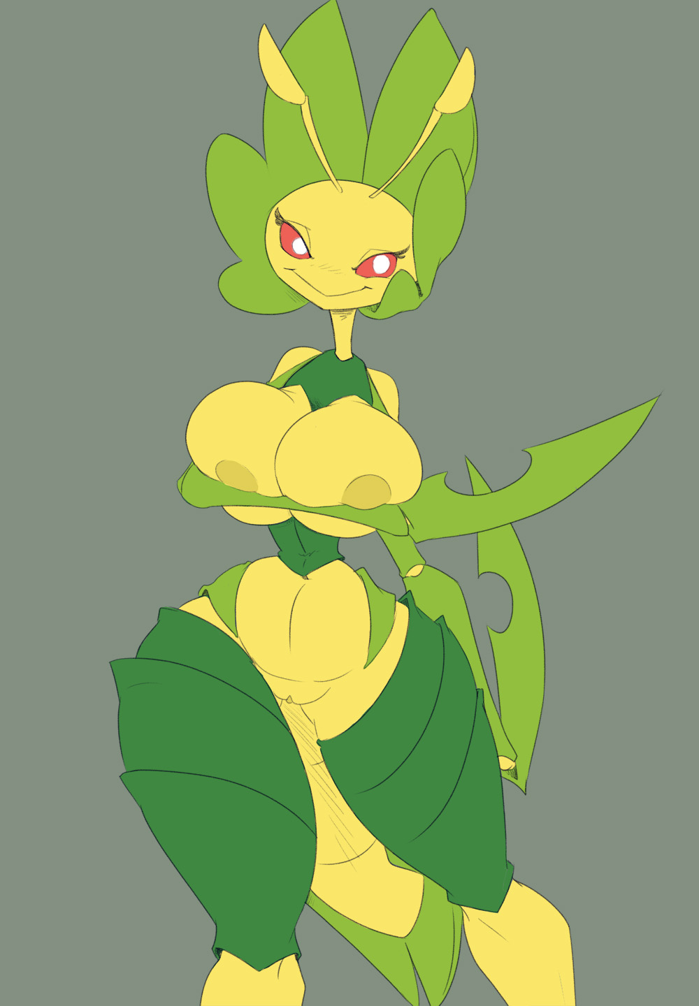 antennae_(anatomy) anthro areola arthropod arthropod_abdomen big_breasts breast_squish breasts curvy_figure elemental_creature female flora_fauna genitals hi_res huge_breasts imric1251 leavanny looking_at_viewer nintendo nude plant pokémon_(species) pokemon pussy small_waist smile solo squish thick_thighs video_games wide_hips yellow_areola yellow_pussy