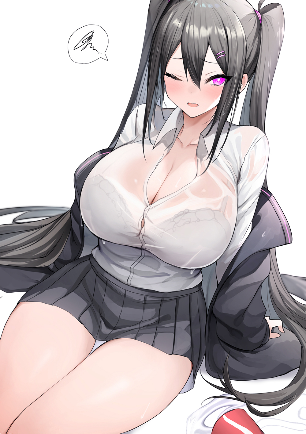 bangs big_breasts black_bra black_hair blush bra breasts female hair_between_eyes highres huge_breasts large_breasts long_hair looking_at_viewer luse_maonang one_eye_closed original purple_eyes red_potato_rinrin see-through sidelocks smile solo sweat thick_thighs twintails wet yuuki_nanase_(red_potato_rinrin)