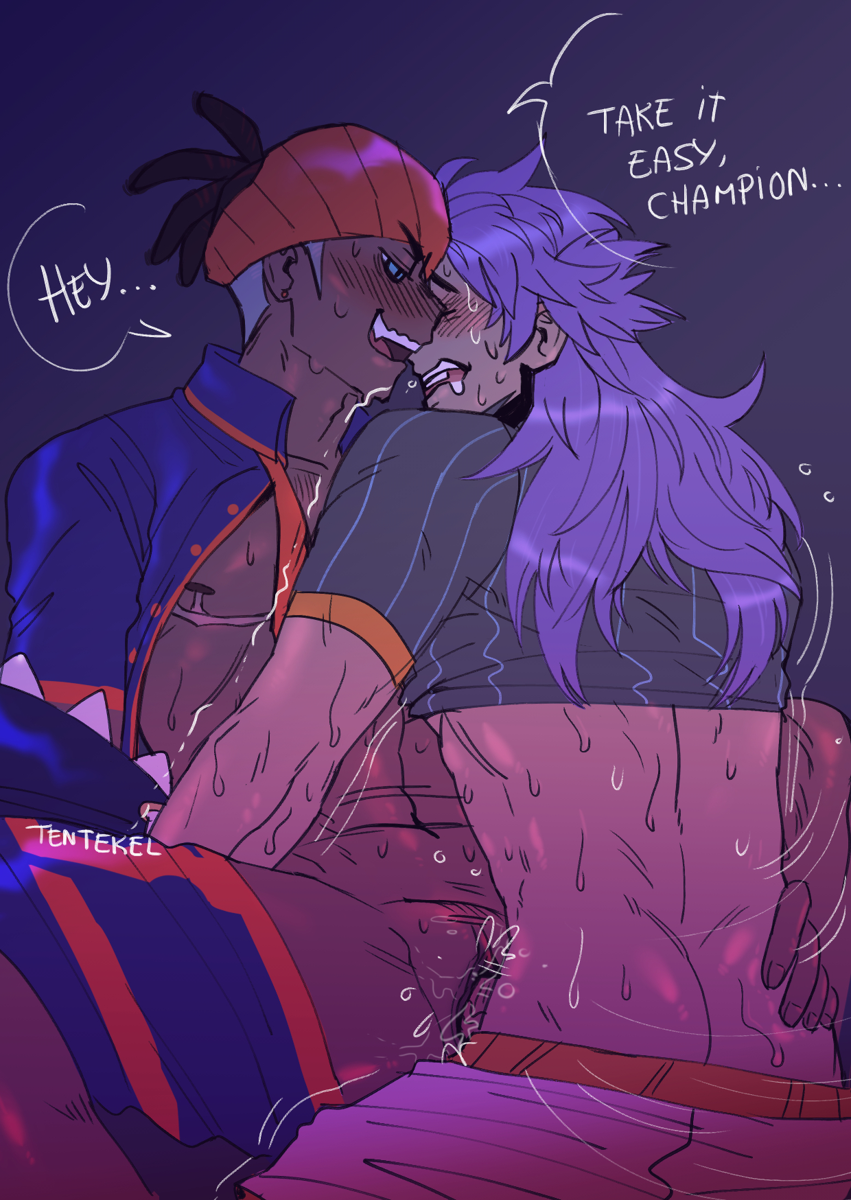 2boys, cuntboy, dark skin, dark-skinned cuntboy, dark-skinned male, drooling, fangs, half-dressed, intersex, leon (pokemon), male, male only, mastectomy scar, pokemon, pokemon ss, purple hair, pussy, raihan (pokemon), scar, tentakel, vaginal, vaginal sex