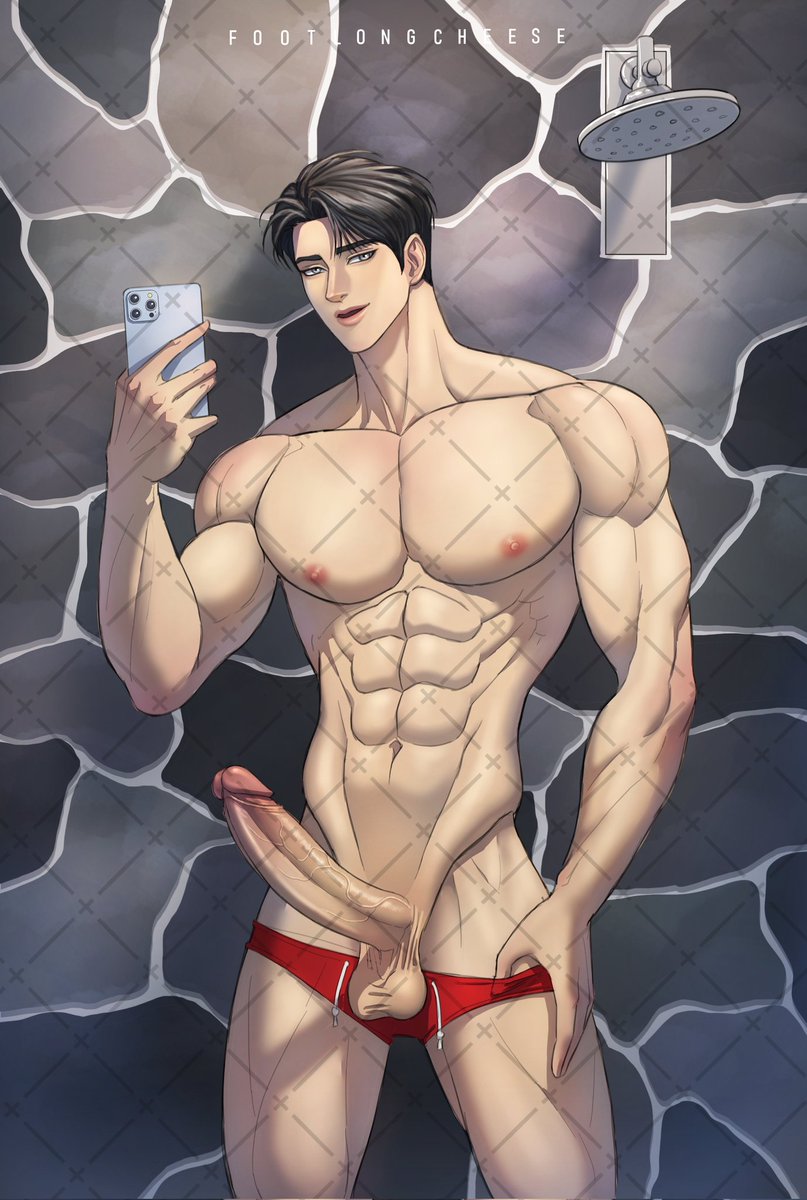 1boy abs bara black_hair feet_out_of_frame footlongcheese1 light-skinned_male light_skin male male_only muscular muscular_arms muscular_male nipples pecs pink_nipples shower solo solo_male standing swimsuit veiny_penis