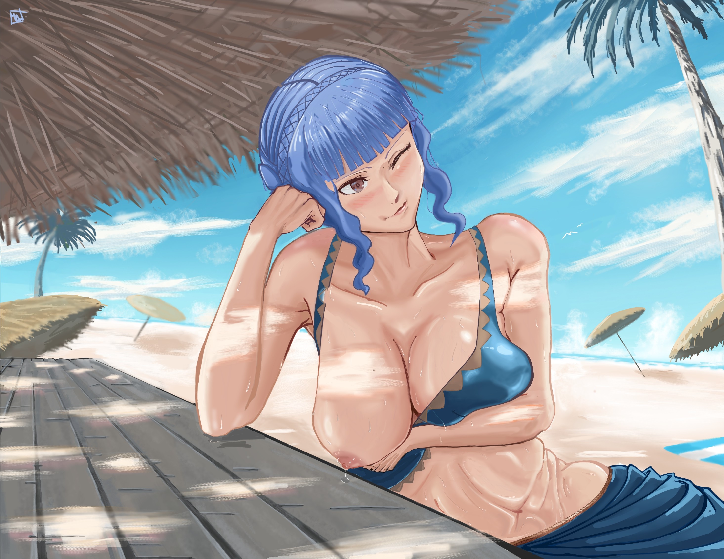 1girls, alternate costume, bangs, beach, big breasts, bikini, blue bikini, blue hair, blue swimsuit, breasts, breasts out, brown eyes, female, fire emblem, fire emblem heroes, fire emblem: three houses, large breasts, magdaleno0, marianne von edmund, marianne von edmund (summer), nintendo, nipples, official alternate costume, sarong, skirt, smile, soft breasts, solo, sunlight, sunny, sweat, swim skirt, swimsuit, topless, wholesome