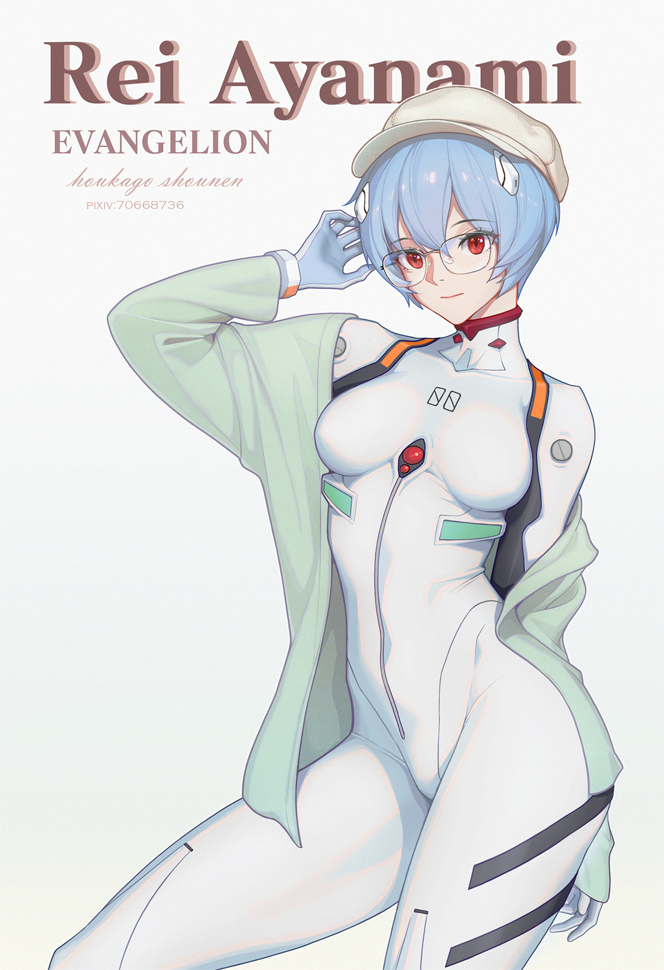 1girls, blue hair, bodysuit, breasts, clothing, coat, female, glasses, hat, hips, human, light skin, light-skinned female, looking at viewer, neon genesis evangelion, pale skin, pale-skinned female, pilot suit, plugsuit, red eyes, rei ayanami, short hair, small breasts, solo, solo female, thick thighs