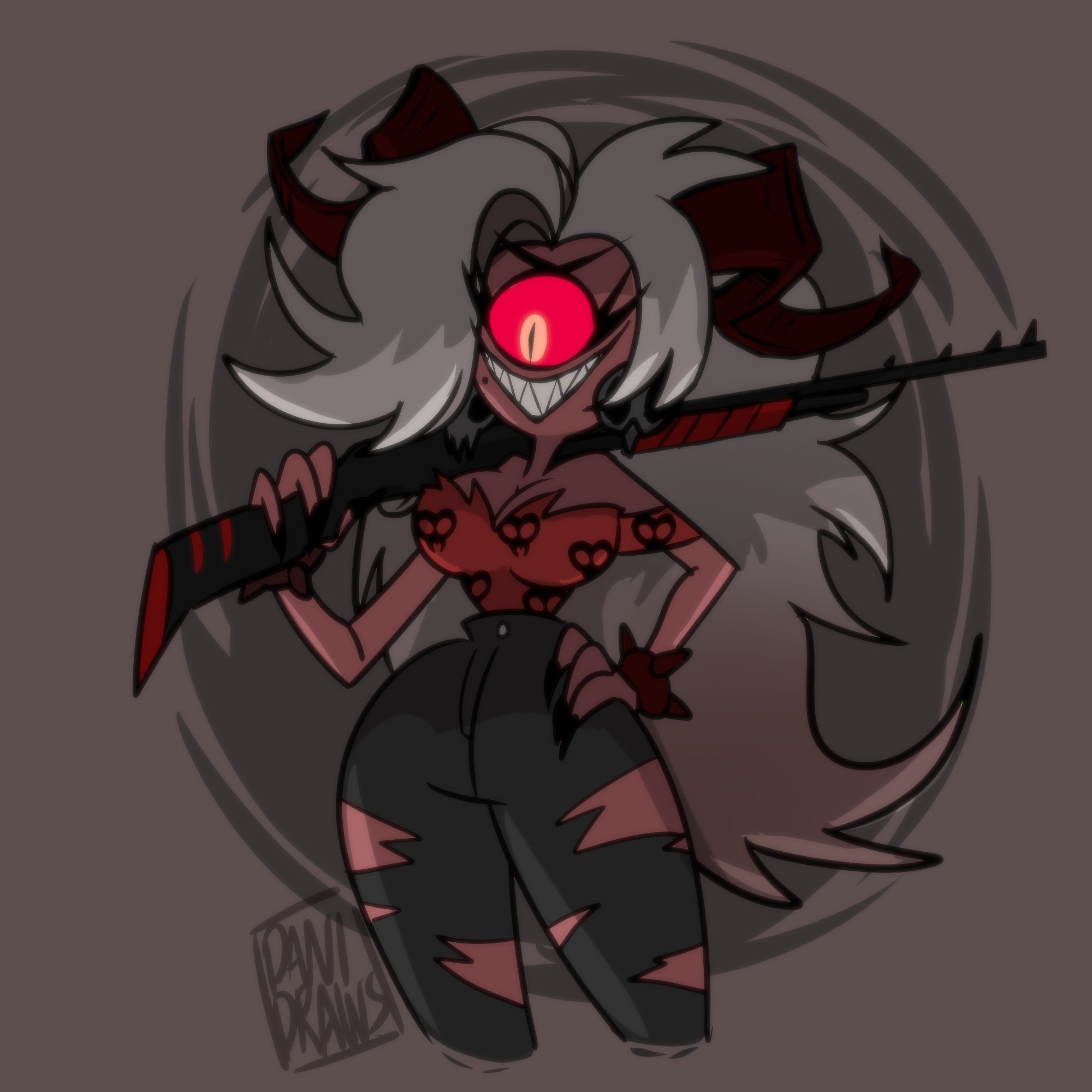 big breasts, breasts, cleavage, danidrawsandstuff, demon, demon horns, demon martha (helluva boss), female, helluva boss, long hair, martha (helluva boss), messy hair, red eye, sharp fingernails, sharp teeth, shotgun, simple background, thick thighs, white hair, wide hips