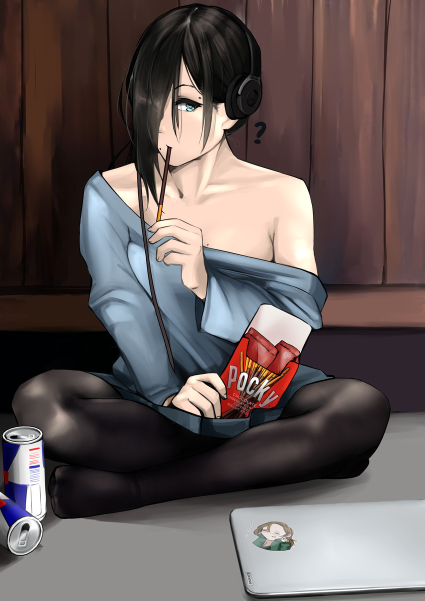 1girls ? absurdres bangs black_hair black_legwear blue_eyes blue_sweater can commentary crossed_legs eating energy_drink food fringe hair_over_one_eye headphones heterochromia highres holding holding_food indoors kamura_(rain_prophet) long_bangs long_sleeves looking_at_viewer mole mole_above_eye mole_under_mouth off_shoulder on_floor pale-skinned_female pantyhose petite pocky pupi rain_prophet short_hair sitting sitting_indian_style skirt solo sweater