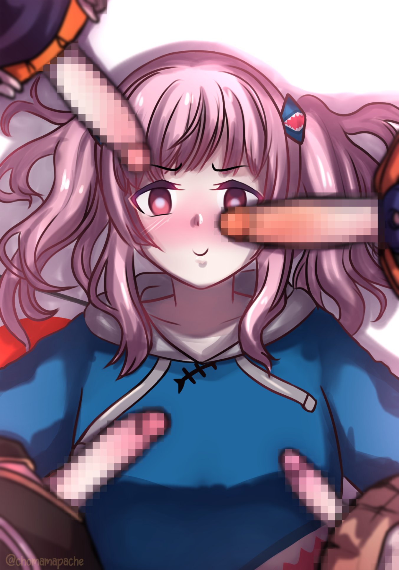 1girls, 4futas, bangs, big penis, blush, censored, censored penis, chomampache, clothed, clothing, erection, female, female focus, fivesome, fully clothed, futa on female, futadom, futanari, gangbang, gawr gura, hi res, high-angle view, hololive, hololive english, hololive myth, imminent gangbang, imminent sex, intersex, large penis, laying down, light skin, light-skinned female, light-skinned futa, looking at penis, mori calliope, mostly clothed, multiple penises, ninomae ina'nis, orange shirt, outfit swap, penis, pink hair, shirt, small penis, surrounded by penises, takanashi kiara, takanashi kiara (1st costume), twintails, virtual youtuber, watson amelia, white background